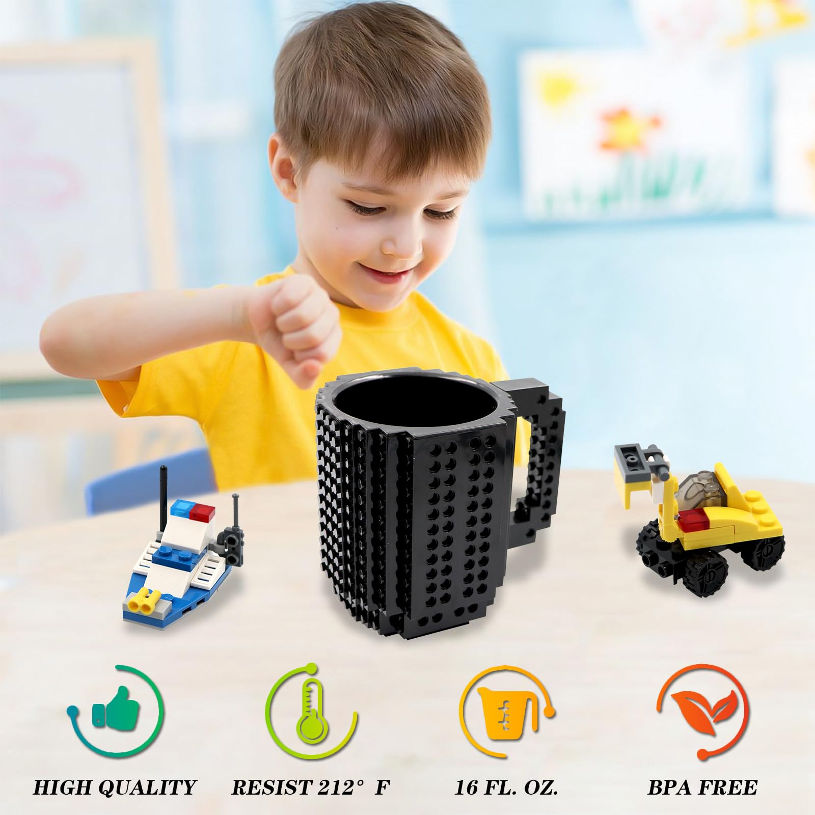 HUISHENG Brick Mug Set - 16oz Ceramic Coffee Cup with Handle, Valentine's Easter Father's Day Birthday Christmas Gift for Men Women Dad Him Kids Adults Teachers Friends (Black) - Perfect for Home Office Use, Holiday Gifting & Coffee Lovers