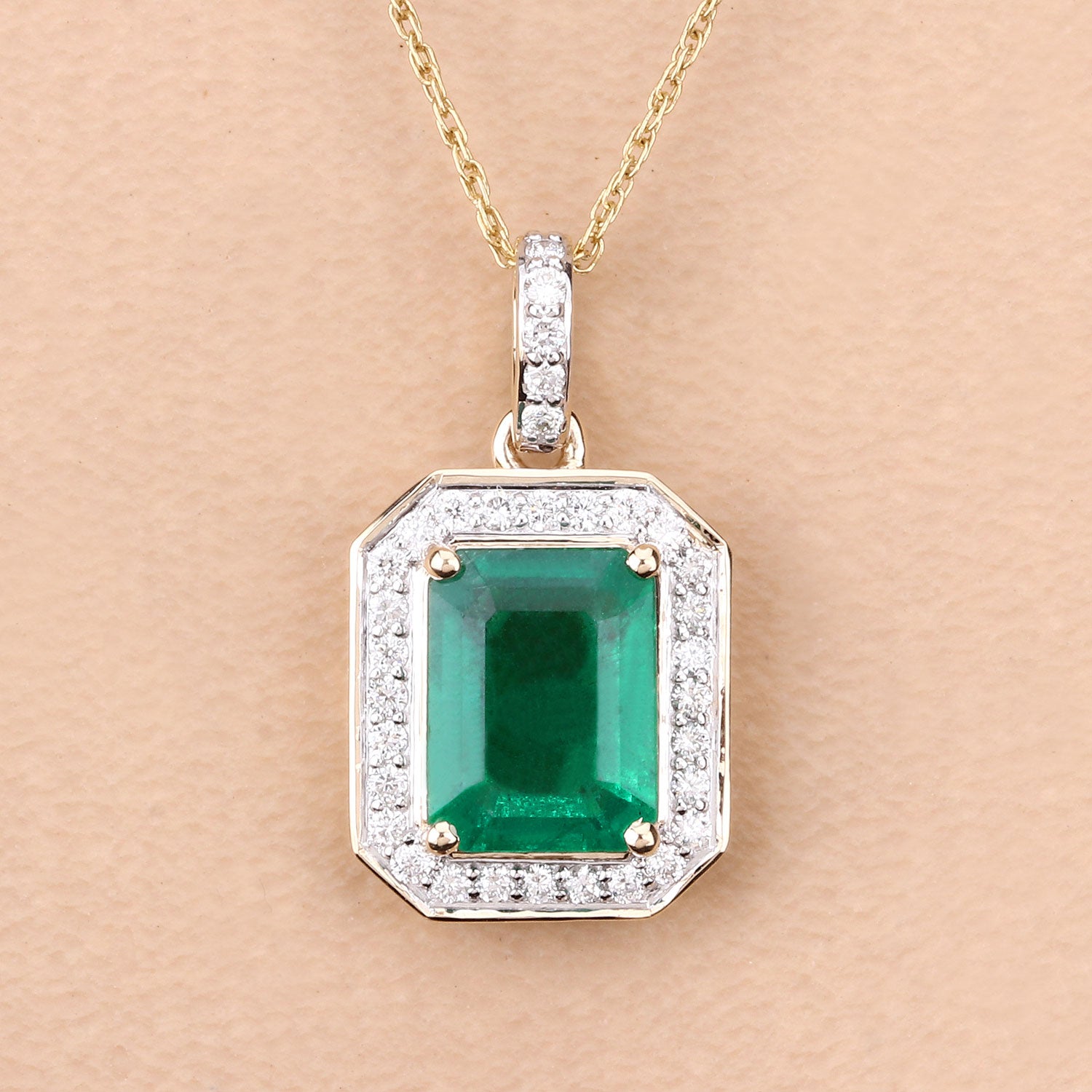 Genuine Zambian Green Emerald & White Diamond 14K Gold Pendant Necklace for Women - Elegant Jewelry Gift for Birthday, Anniversary & Special Occasions