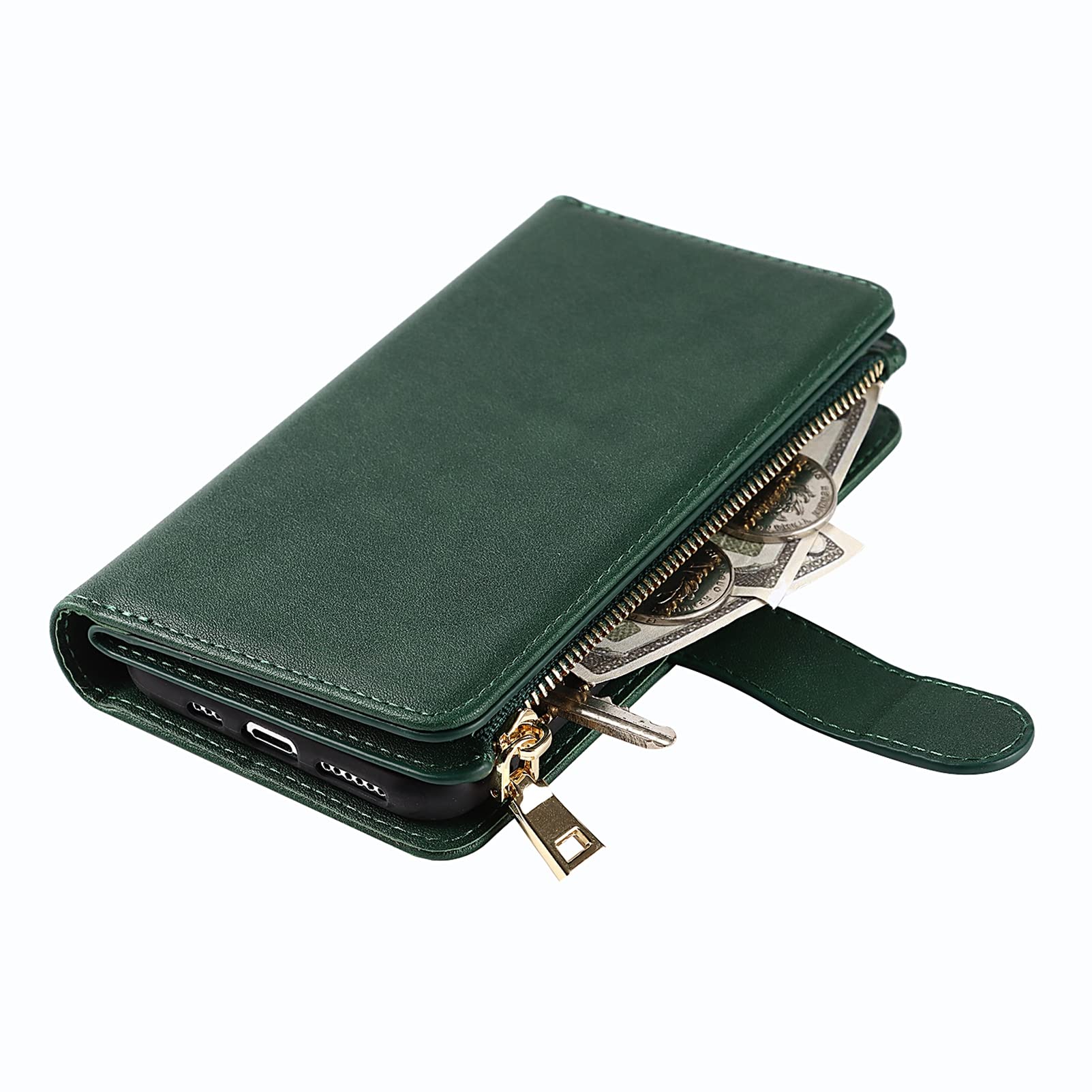 Jaorty iPhone 11 Pro Max Wallet Case (6.7 Inch) - PU Leather Phone Case with Card Holder, Zipper Pocket & Adjustable Strap - Dark Green - Perfect for Everyday Use, Travel & Hands-Free Convenience