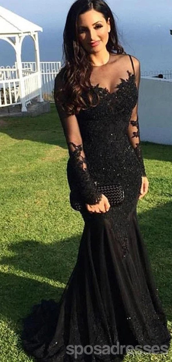 Elegant Black Mermaid Long Sleeve Prom Dress with Jewel Details - Formal Evening Gown for Homecoming, Ball, and Special Occasions