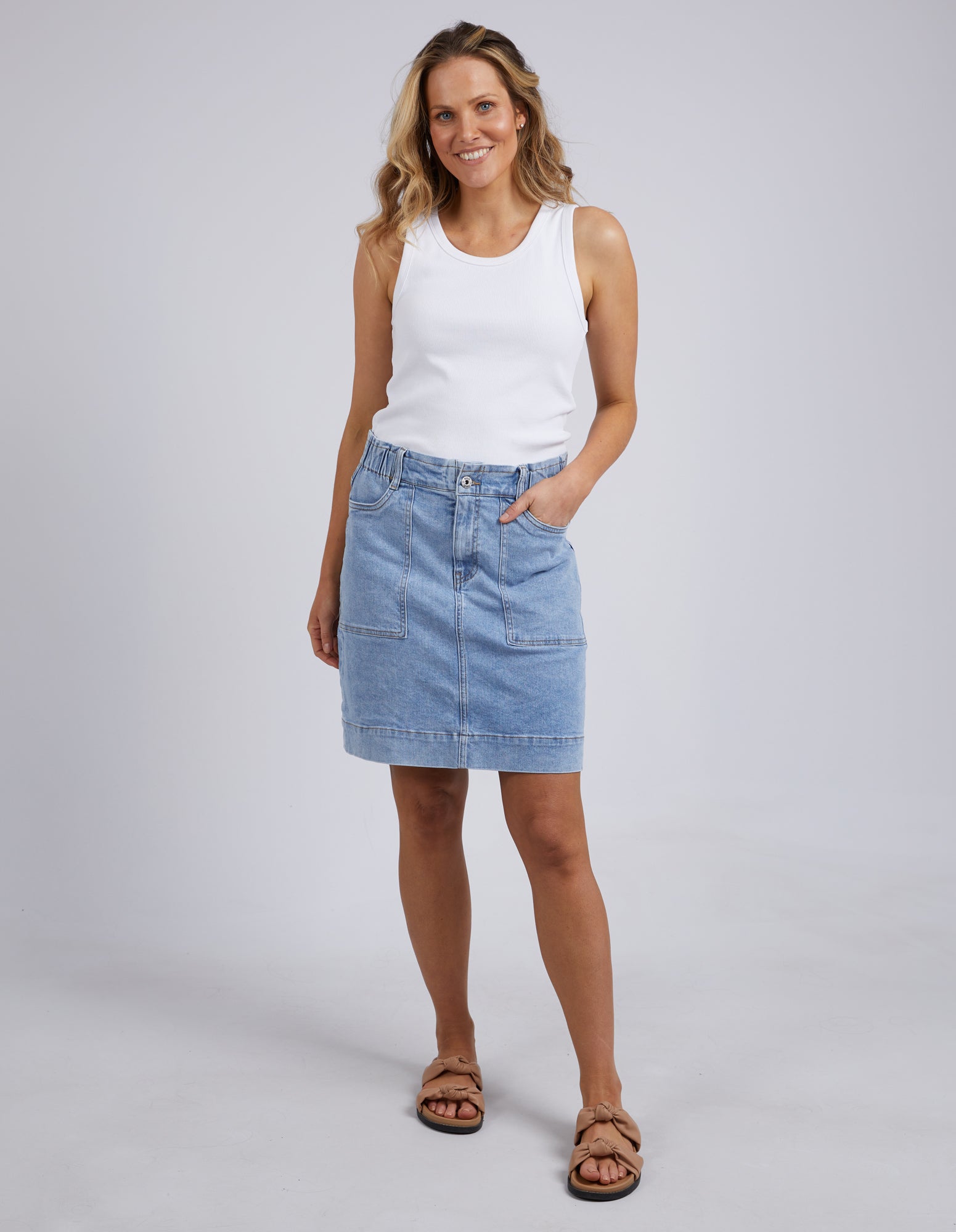 Elm Atlas High Waist Denim Skirt for Women - Classic Blue A-Line Skirt | Casual & Chic Outfit for Everyday Wear, Date Night, and Office Style