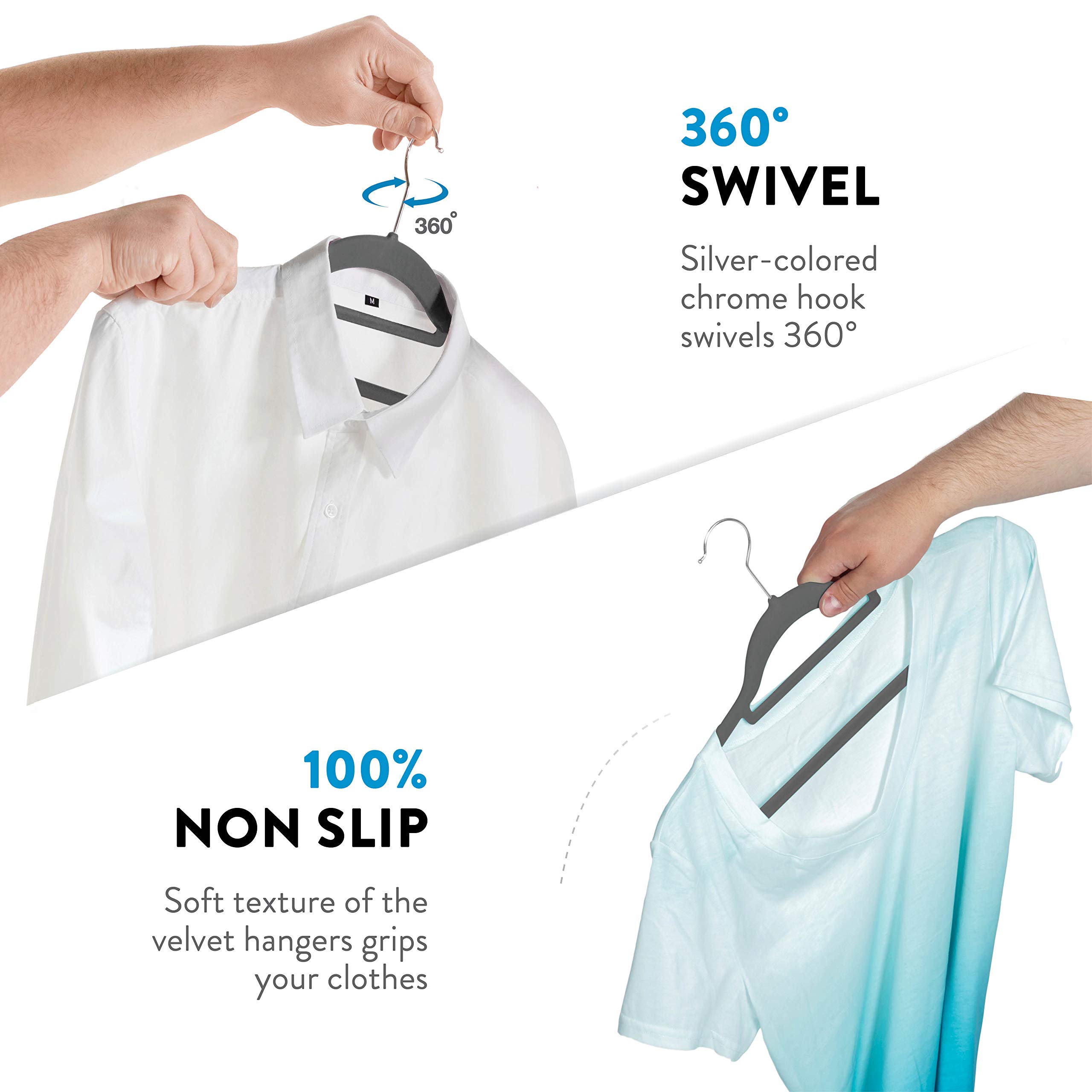 Zober Velvet Hangers 20 Pack - Non-Slip Swivel Hook Slim Felt Clothes Hangers with Tie Bar for Suits, Pants & Coats - Space Saving Gray Hangers - Perfect for Closet Organization & Wardrobe Storage