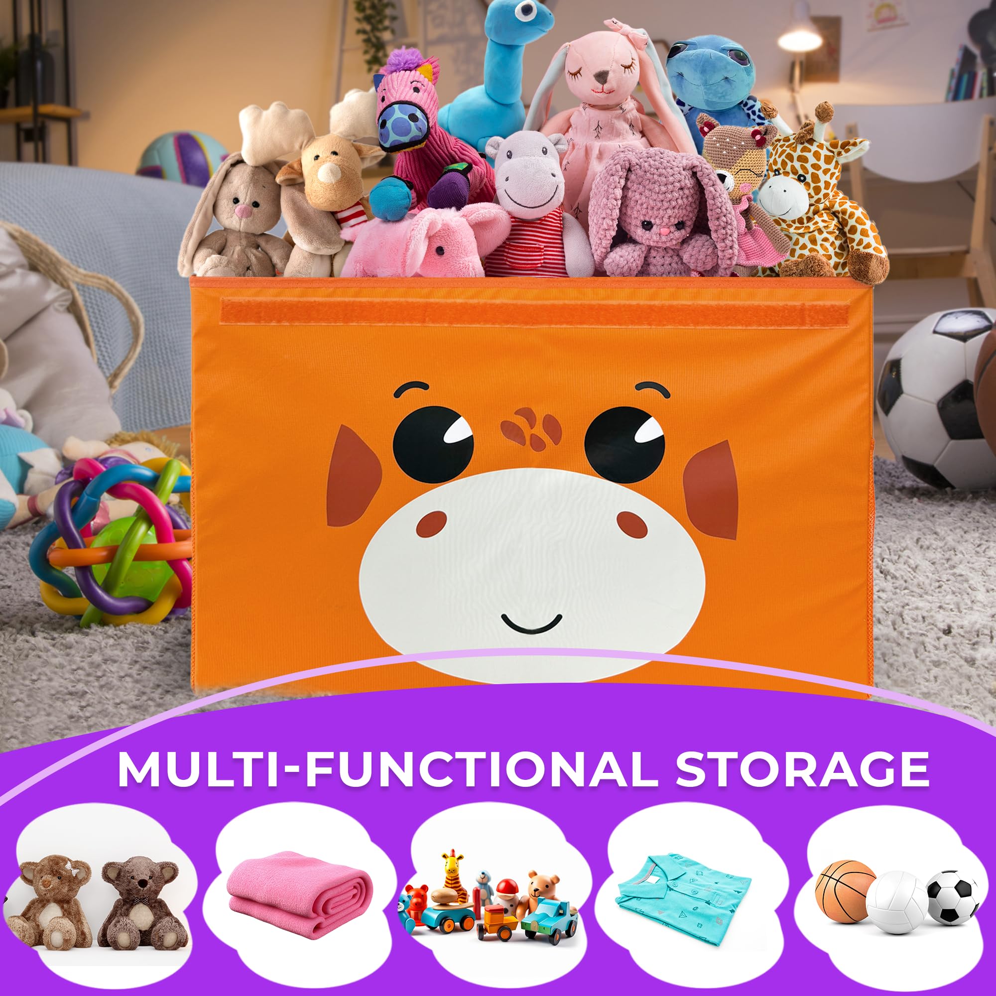 QUOKKA 16x12x10 Inch Giraffe Toy Storage Box with Collapsible Handles & Flip Top Lid - Foldable Fabric Bin for Kids Playroom, Nursery Organization - Perfect for Boys and Girls Toys, Books & Room Decor