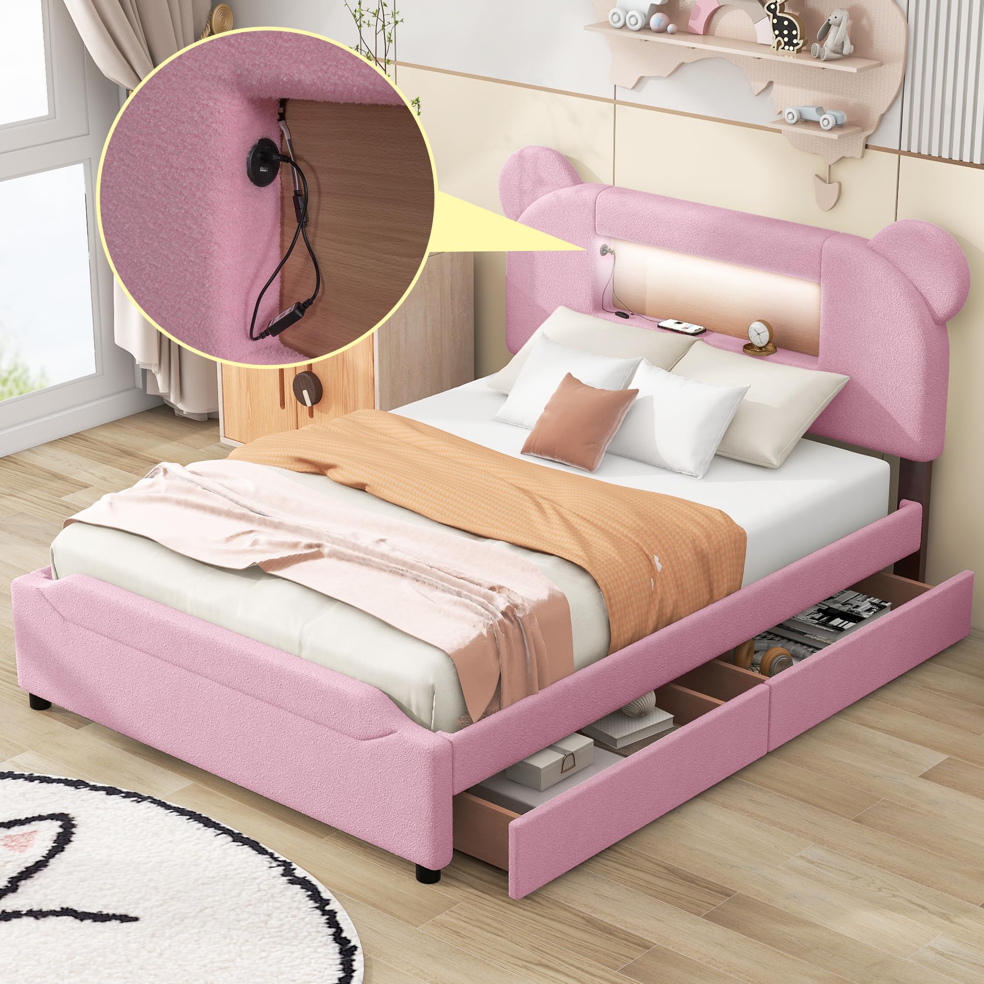 Harper & Bright Designs Full Size Upholstered Storage Platform Bed with Drawers - Cartoon Ears Headboard, LED & USB Charging, Wood Slat Support (No Box Spring Needed) - Easy Assembly Berber Fleece Fabric in Pink | Perfect for Kids Rooms, Teen Bedrooms & Cozy Dorm Decor
