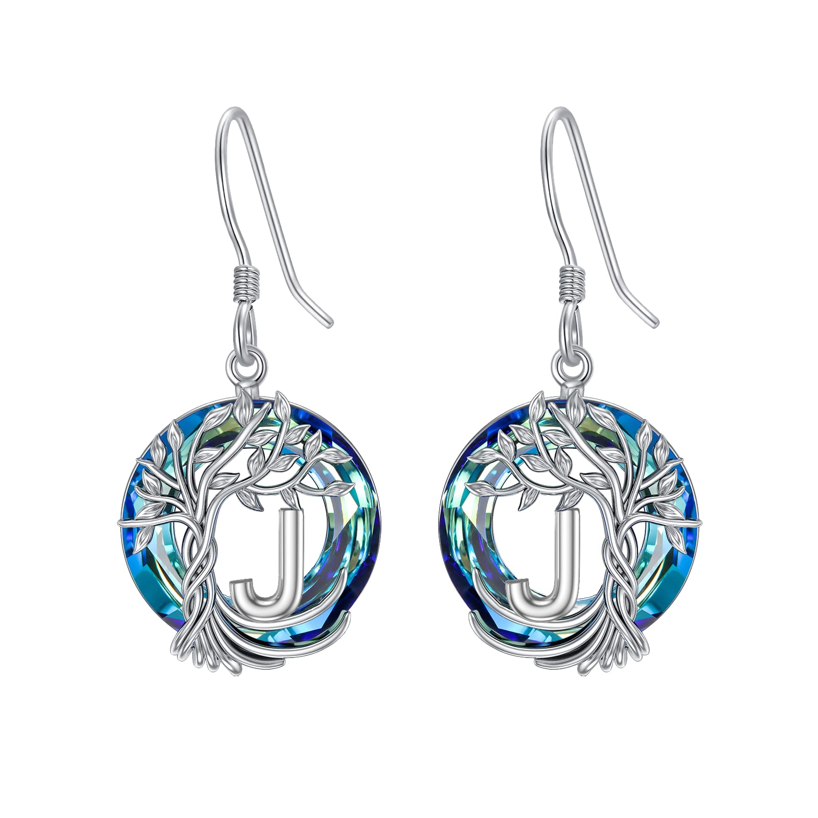 TOUPOP Tree of Life Initial Earrings - 925 Sterling Silver A-Z Letter Drop Dangle Earrings with Blue Circle Crystals | Valentine's Day, Anniversary & Birthday Jewelry Gifts for Women, Girlfriend & Mom | Perfect for Date Nights, Weddings & Special Occasions