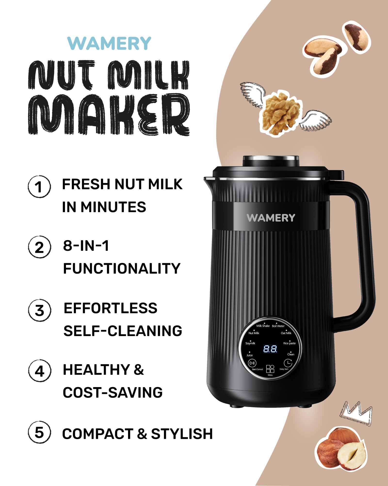 Wamery Original Nut Milk Maker Machine - 32oz Almond, Oat, Soy Milk Maker - Vegan & Plant-Based Milk Maker with Delay Start, Keep Warm & Boil Water Functions (Black) - Perfect for Homemade Dairy-Free Milk, Smoothies & Coffee Creamer