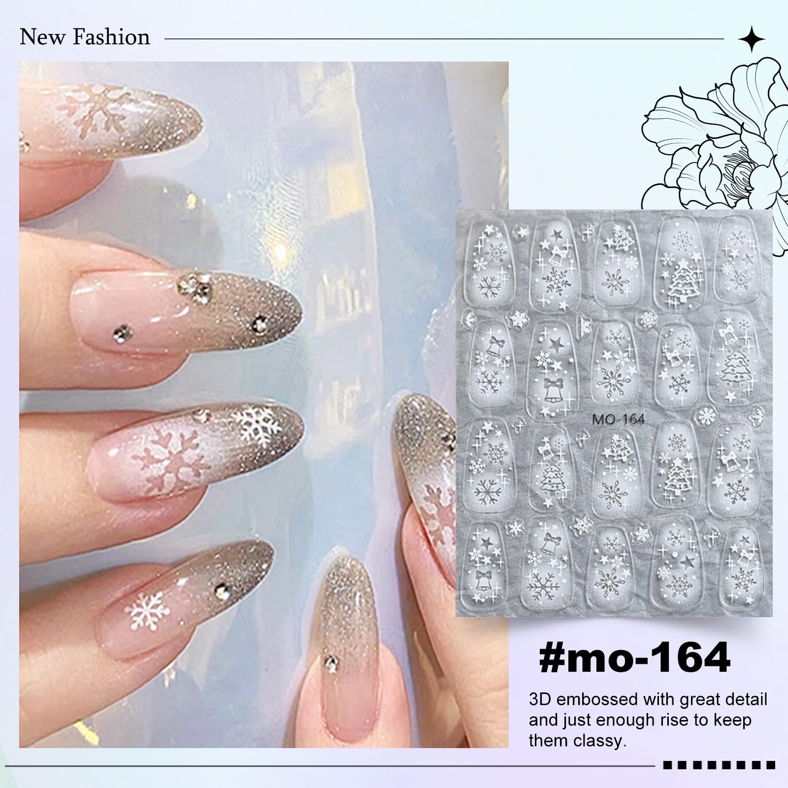 6 Sheets 3D Christmas Snowflake Nail Stickers - Winter White Self-Adhesive Nail Decals for Women (Santa & Elk Designs) | DIY Nail Art Supplies for Holiday Parties, New Year Celebrations & Winter Nail Decorations