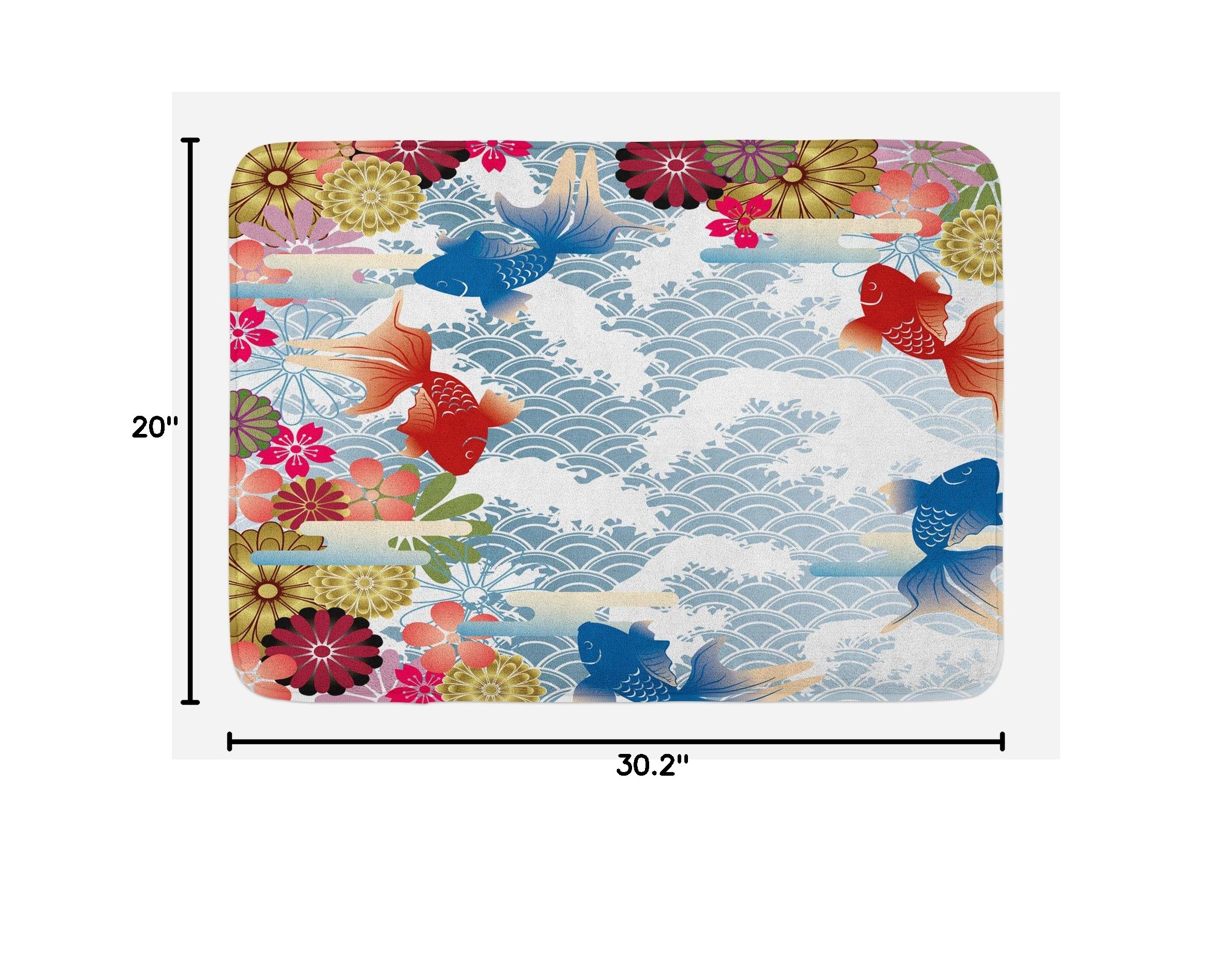 Lunarable Japanese Koi Fish Floral Bath Mat - Non-Slip Plush Bathroom Rug with Traditional Folk Design, 30.2