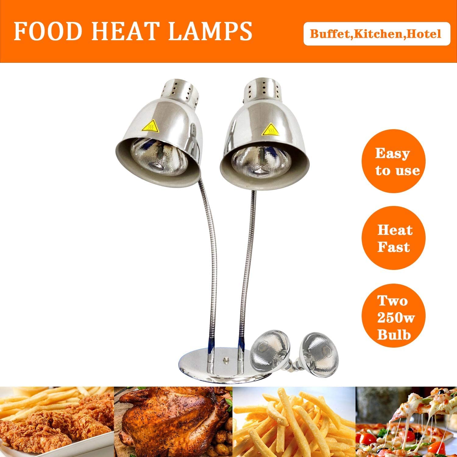 Commercial Dual Head Food Heat Lamp with 250W Bulbs - Restaurant Kitchen Buffet Warmer for Catering, Buffet Tables & Food Display (2-Pack)