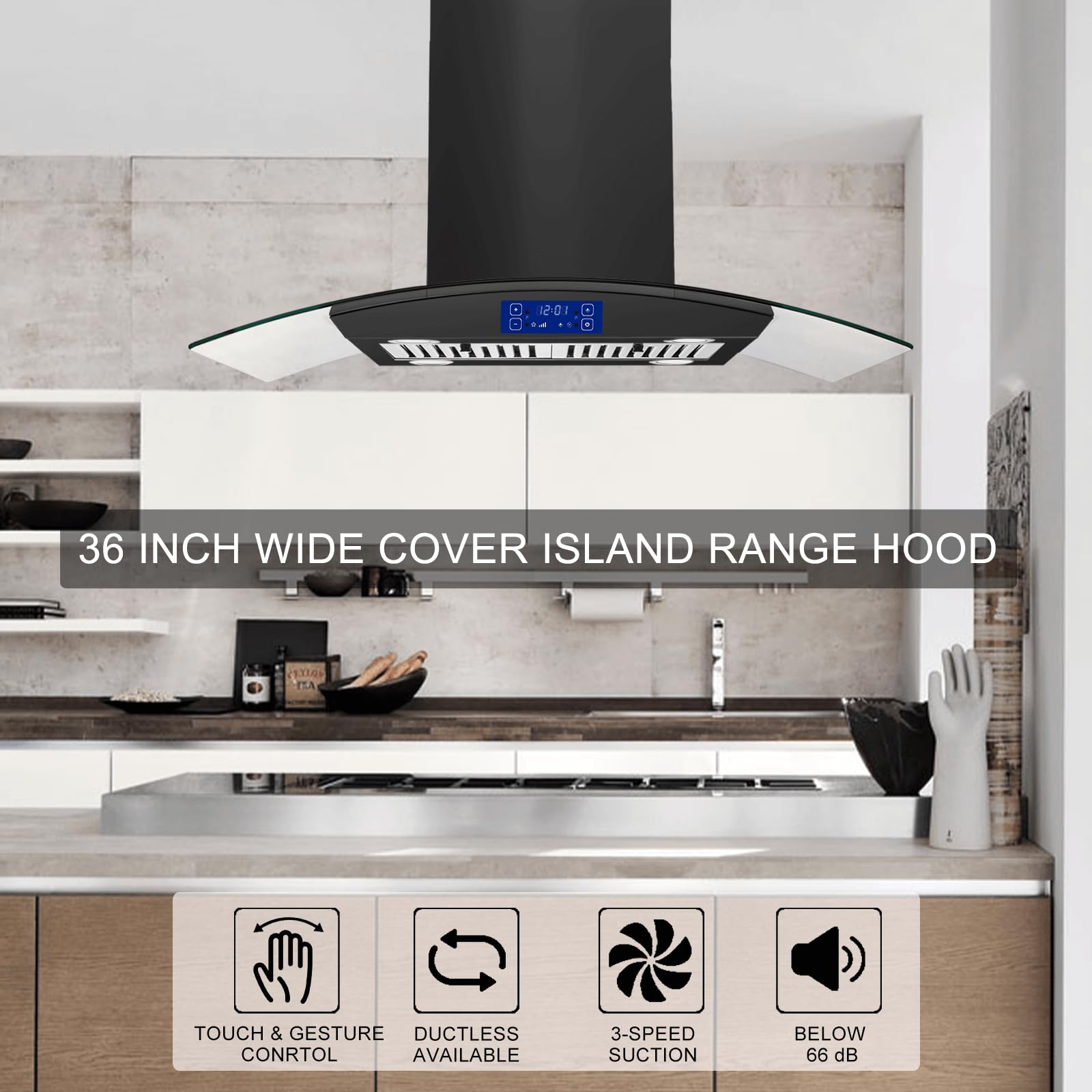 36 Inch 700CFM Black Stainless Steel Island Range Hood - Gesture & Touch Control, Ducted/Ductless Convertible, 4 LED Lights - Perfect for Modern Kitchens & Open-Concept Homes