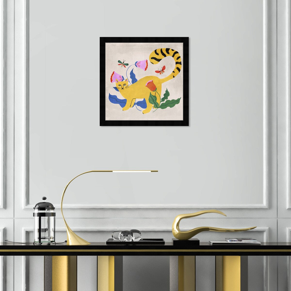 Blonde Tabby Floral Kitten Butterfly Garden Modern Yellow Framed Wall Art Print - Perfect for Bedroom, Nursery & Home Decor