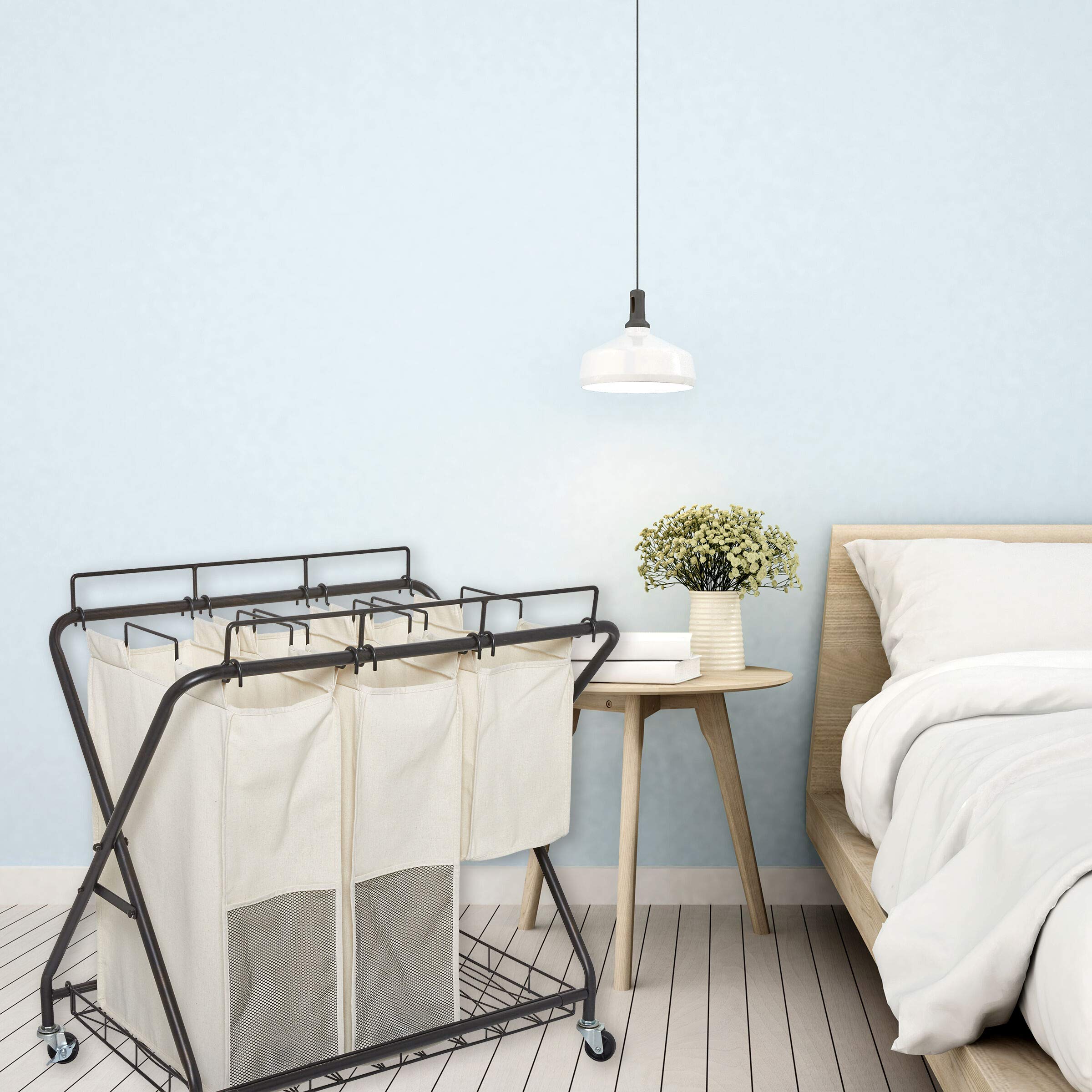 Verona 3-Bag Rolling Laundry Hamper Cart with Wheels - Foldable Clothes Hamper for Bedroom, Bathroom & Laundry Room Organization - Black
