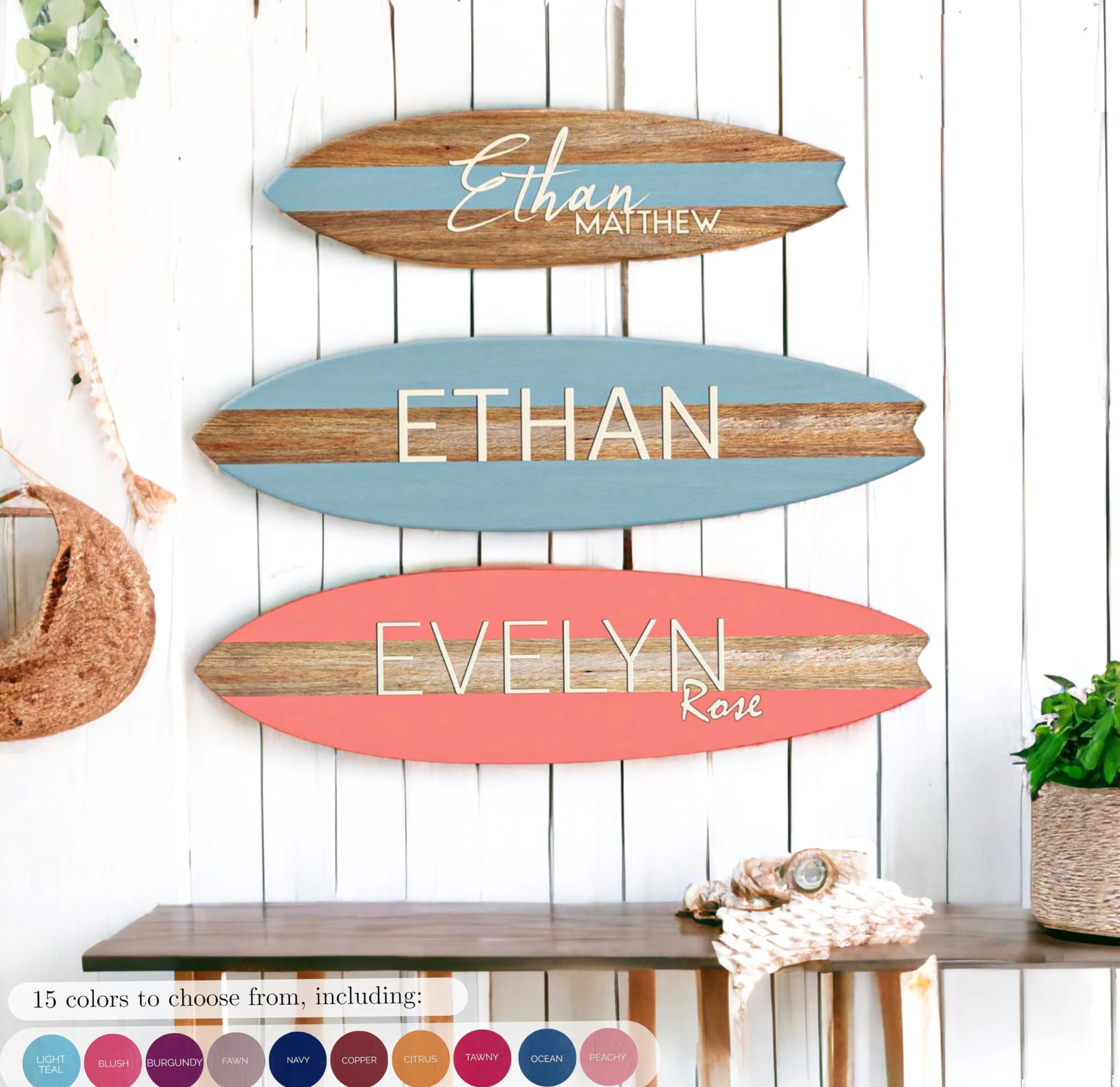 Personalized Mini Wooden Surfboard Wall Decor - Coastal Home Decor, Custom Name Surfboard Art, Wooden Surf Wall Hanging for Beach House, Nursery, Living Room - 2 Sizes & 15 Colors - Perfect for Coastal Themed Rooms, Beach Weddings & Surf Lover Gifts