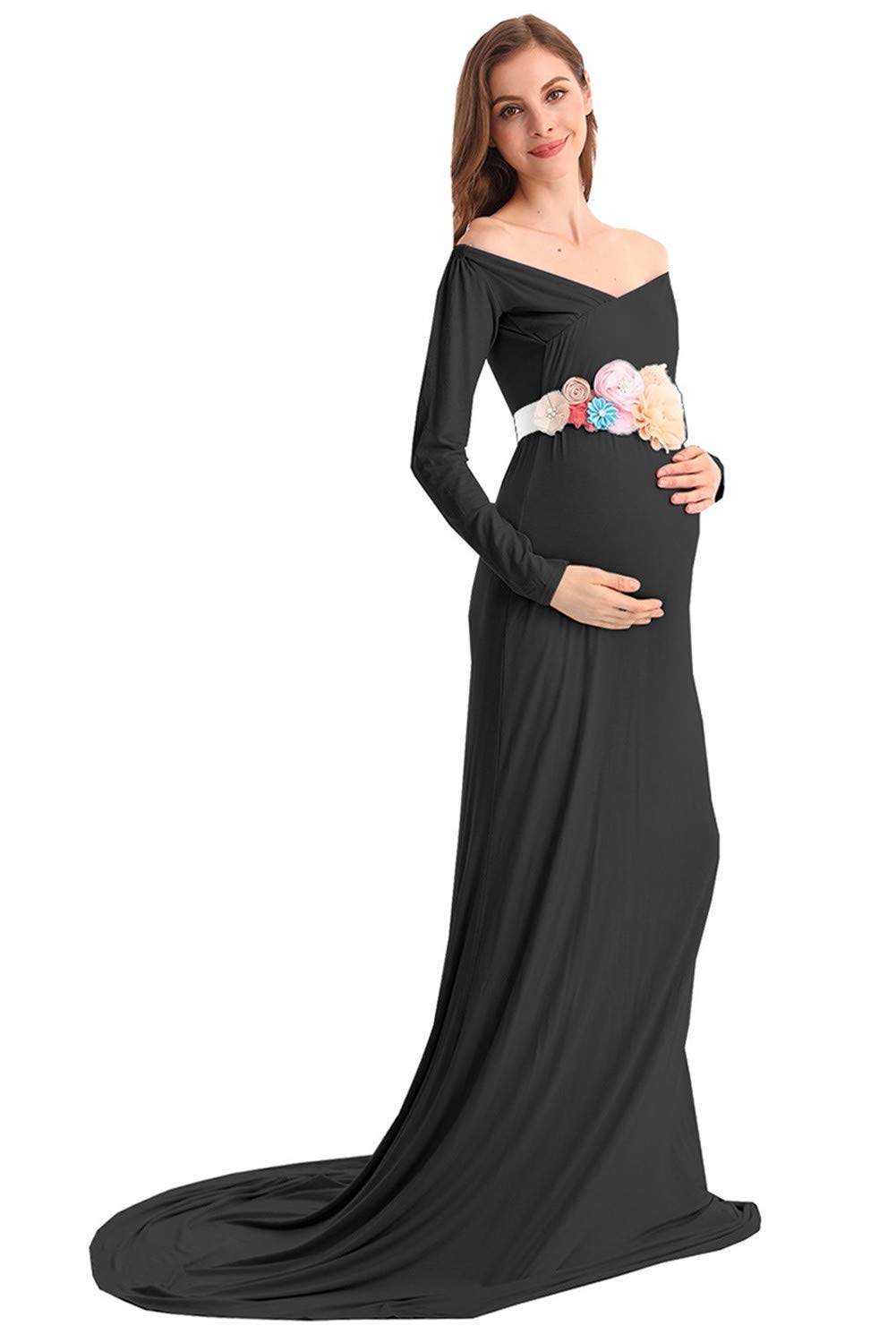 Elegant Women's Maternity Dress - Long Sleeve Off Shoulder Cross-Front V-Neck Slim Fit Maxi Photography Gown with Train - Perfect for Maternity Photos, Baby Showers & Special Occasions