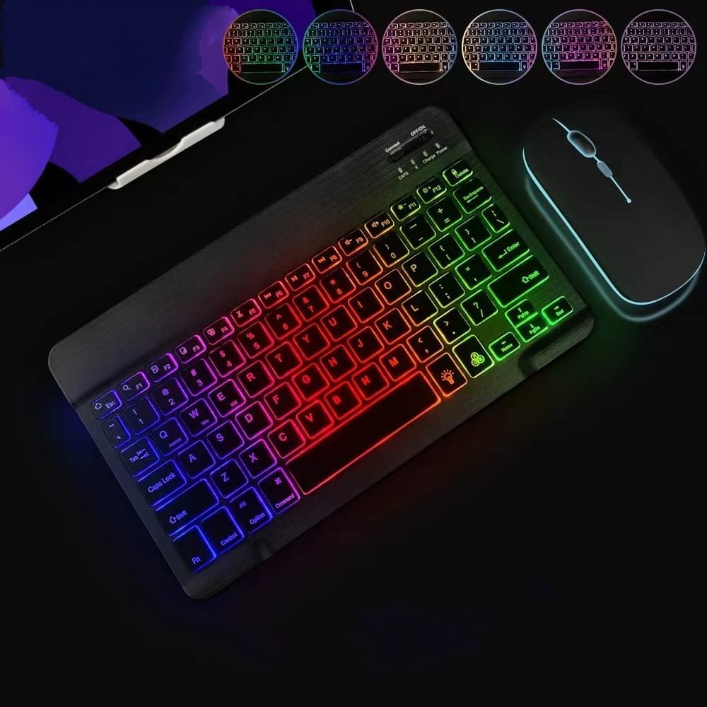 Rechargeable Wireless Bluetooth Keyboard and Mouse Combo with 7-Color Backlit for iPad 9th/8th Gen, iPad Pro/Air/Mini, iPhone 14/13/12 Pro - Perfect for Home Office, Online Learning & Gaming (Black)