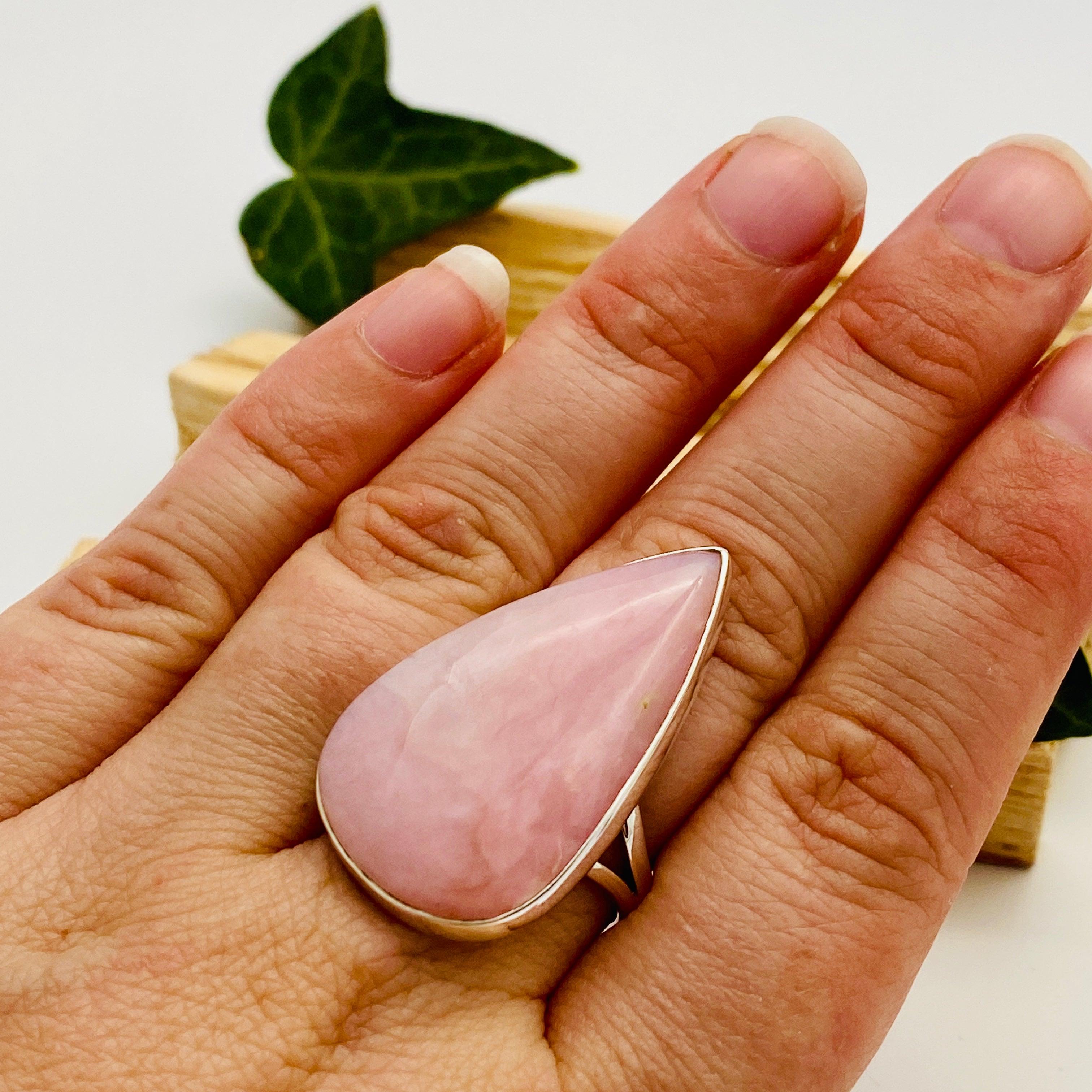 Natural Pink Opal Teardrop Cabochon Ring with Split Band - Size 9 - KRGJ1589 - Perfect for Boho Jewelry, Wedding Accessories & Everyday Elegance