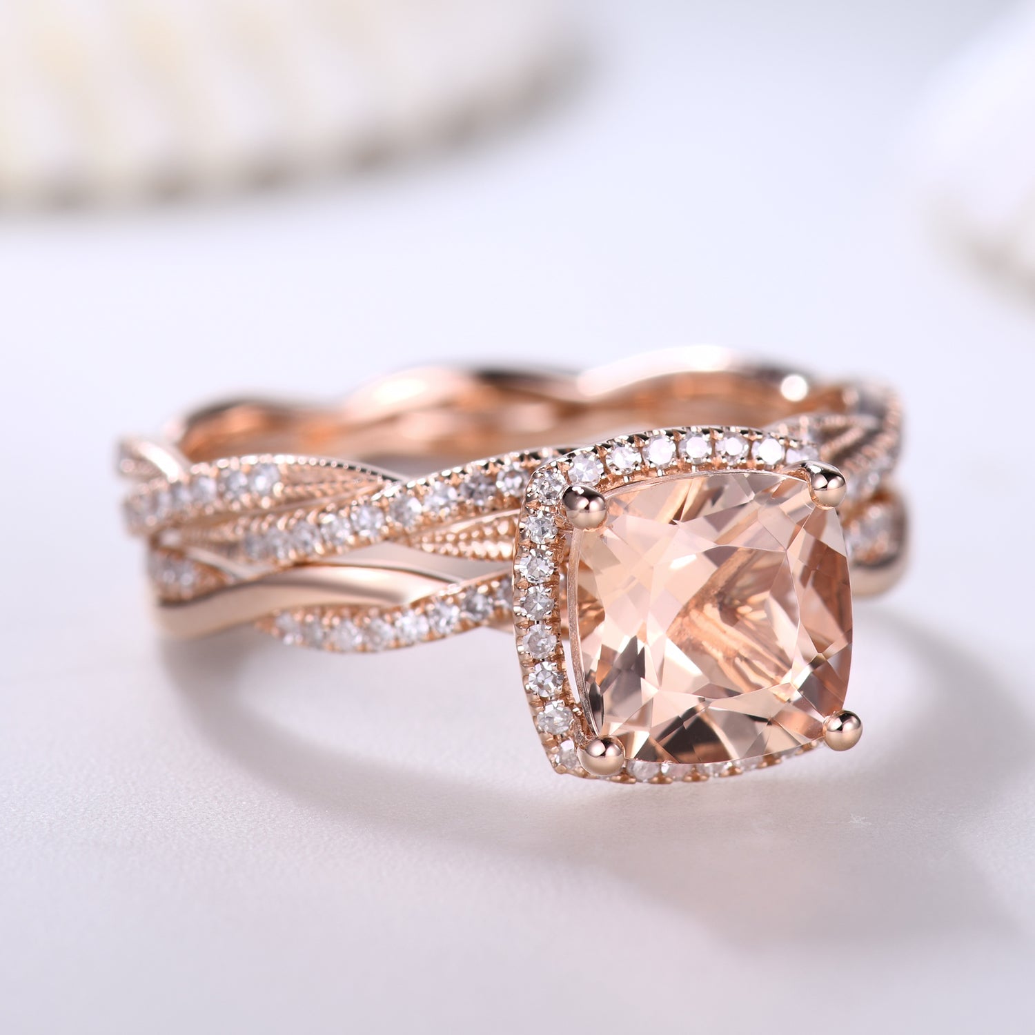 Rose Gold Morganite & Diamond Engagement Ring Set with Twist Infinity Wedding Band – Perfect for Proposals, Anniversaries & Bridal Jewelry
