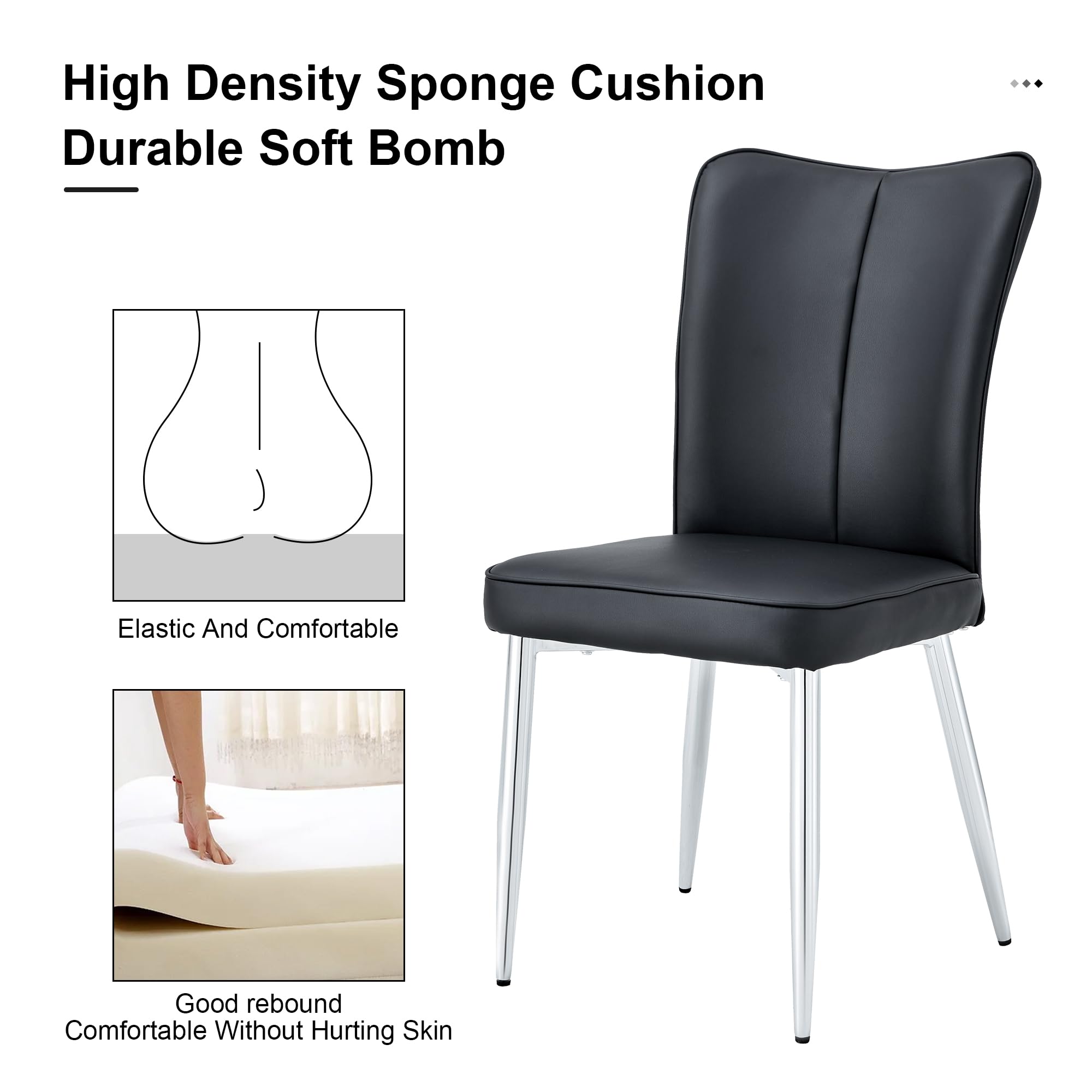 Betoko Mid Century Modern Dining Chairs Set of 4 - PU Cushioned Upholstered Kitchen Chairs with Sturdy Metal Legs - Comfortable Accent Chairs for Dining Room, Kitchen & Home Decor (Black)