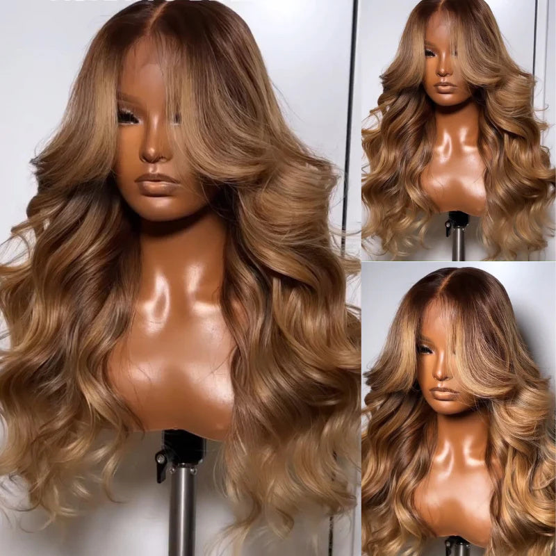 Eullair 13x4 Brown with Blonde Human Hair Lace Front Wig - Glueless Body Wave Wig with Curtain Bangs for Black Women | Natural Look for Daily Wear, Parties & Special Occasions