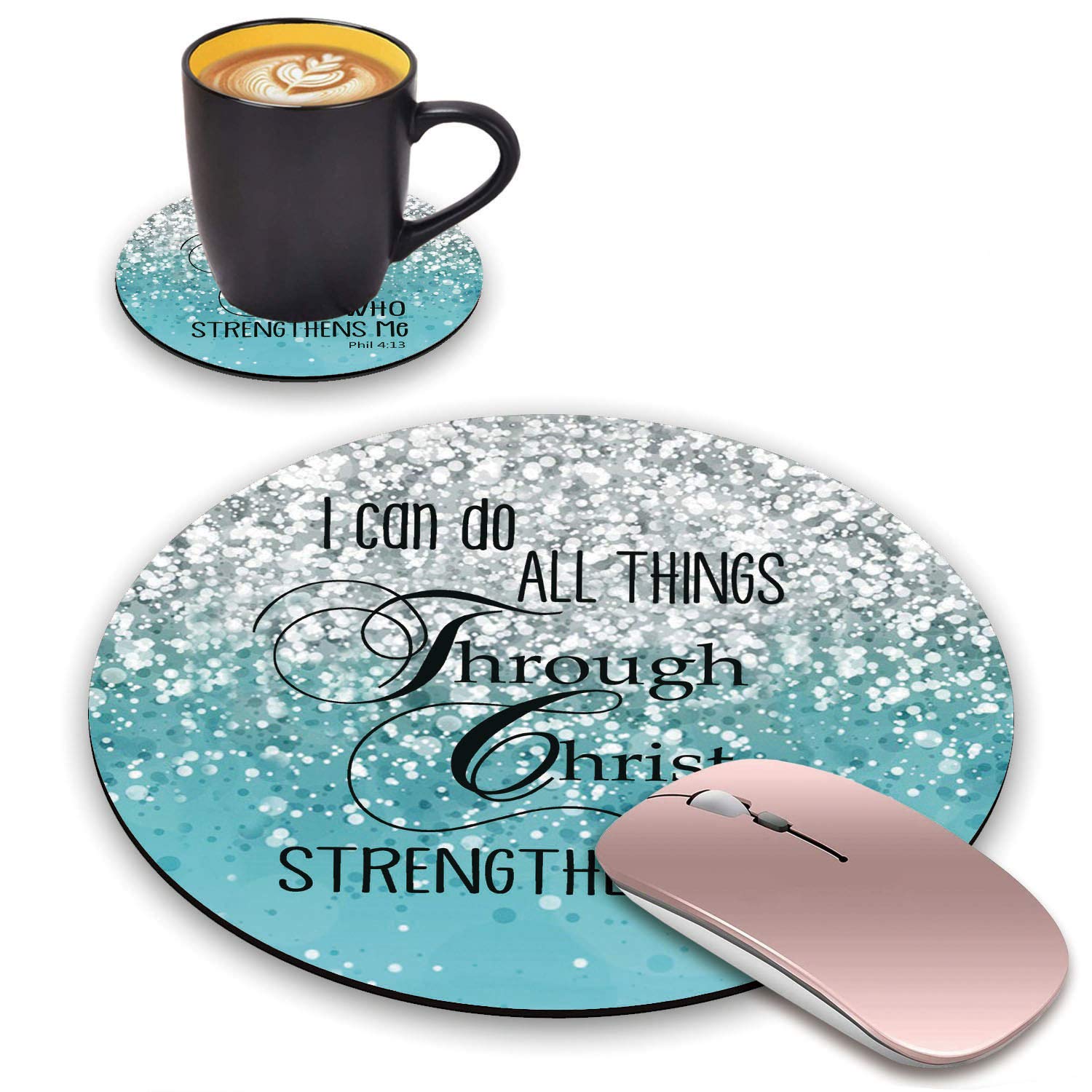 Blue Glitter Round Mouse Pad & Coasters Set with Inspirational Bible Verse (Philippians 4:13) - Non-Slip Rubber Base for Laptop, Computer, Office & Gaming Setup - Perfect for Work, Study & Home Decor