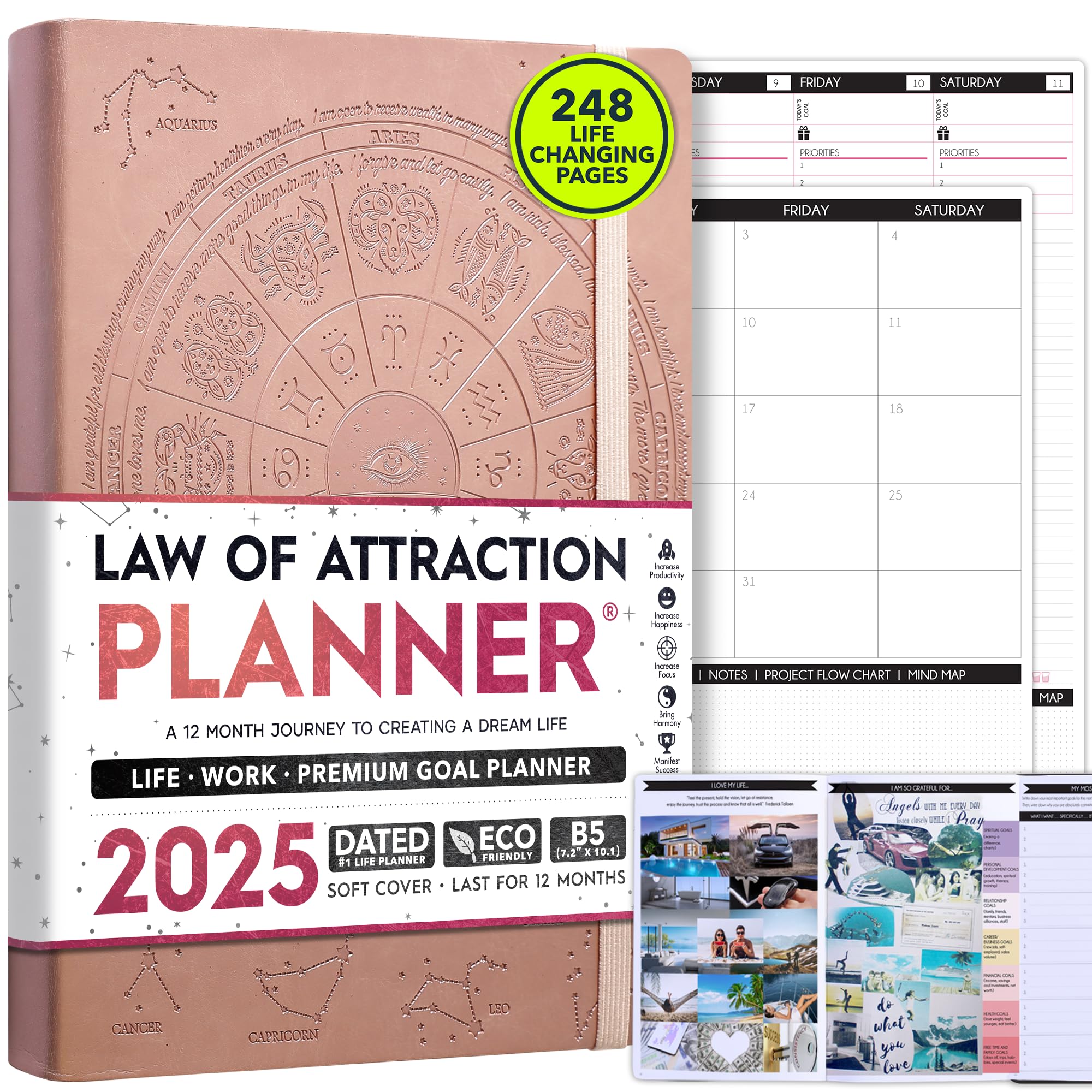 Law of Attraction Planner 2025 - Daily, Weekly & Monthly Goal Setting Journal with Productivity Tracker | 12-Month Life Organizer with Gratitude Pages, Foldable Vision Board, Stickers & Gift Box | Perfect for Manifestation, Self-Care & Personal Growth