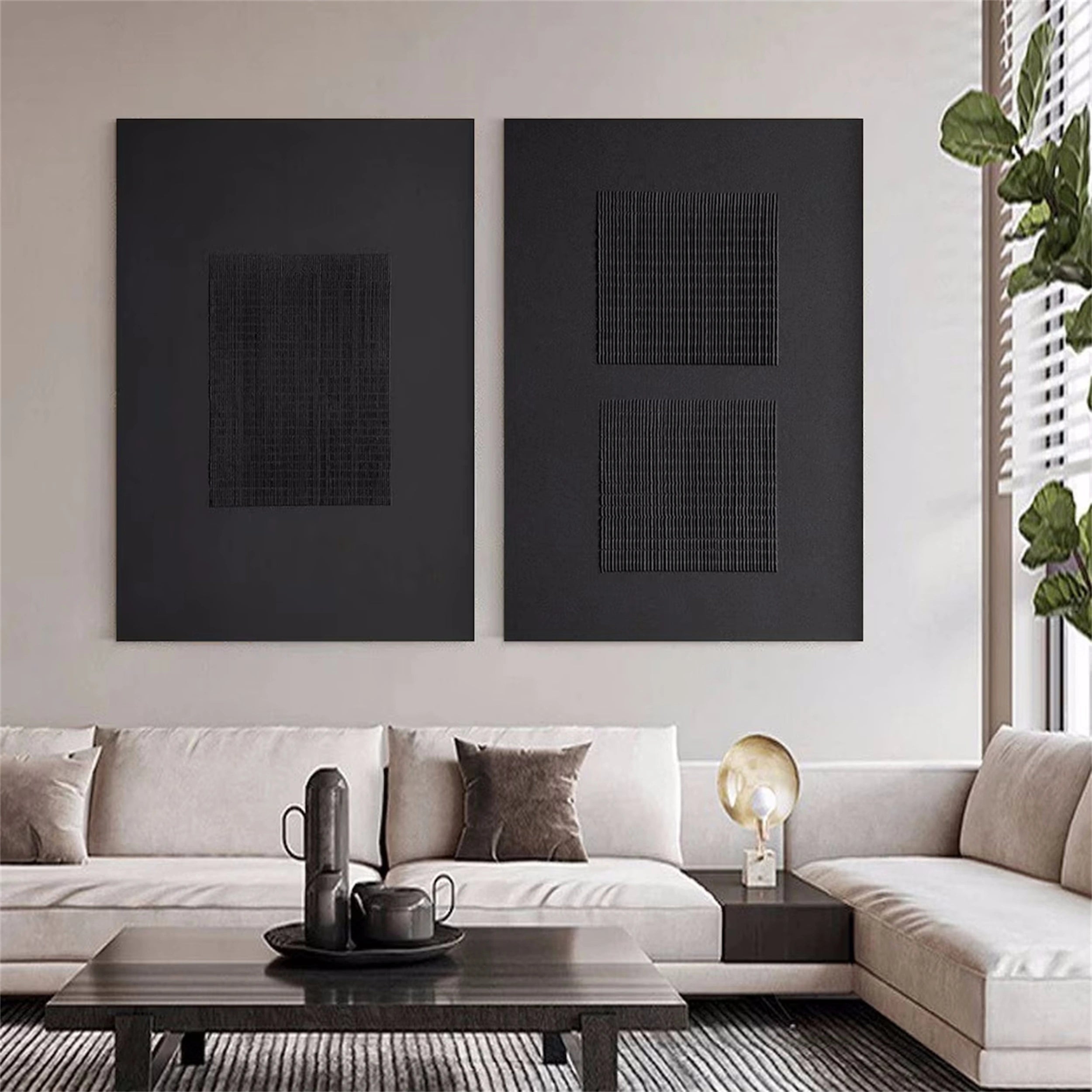 Black Minimalist Textured Paintings Canvas Set of 2 - Modern Abstract Wall Art for Living Room, Bedroom & Office Decor #MZ072