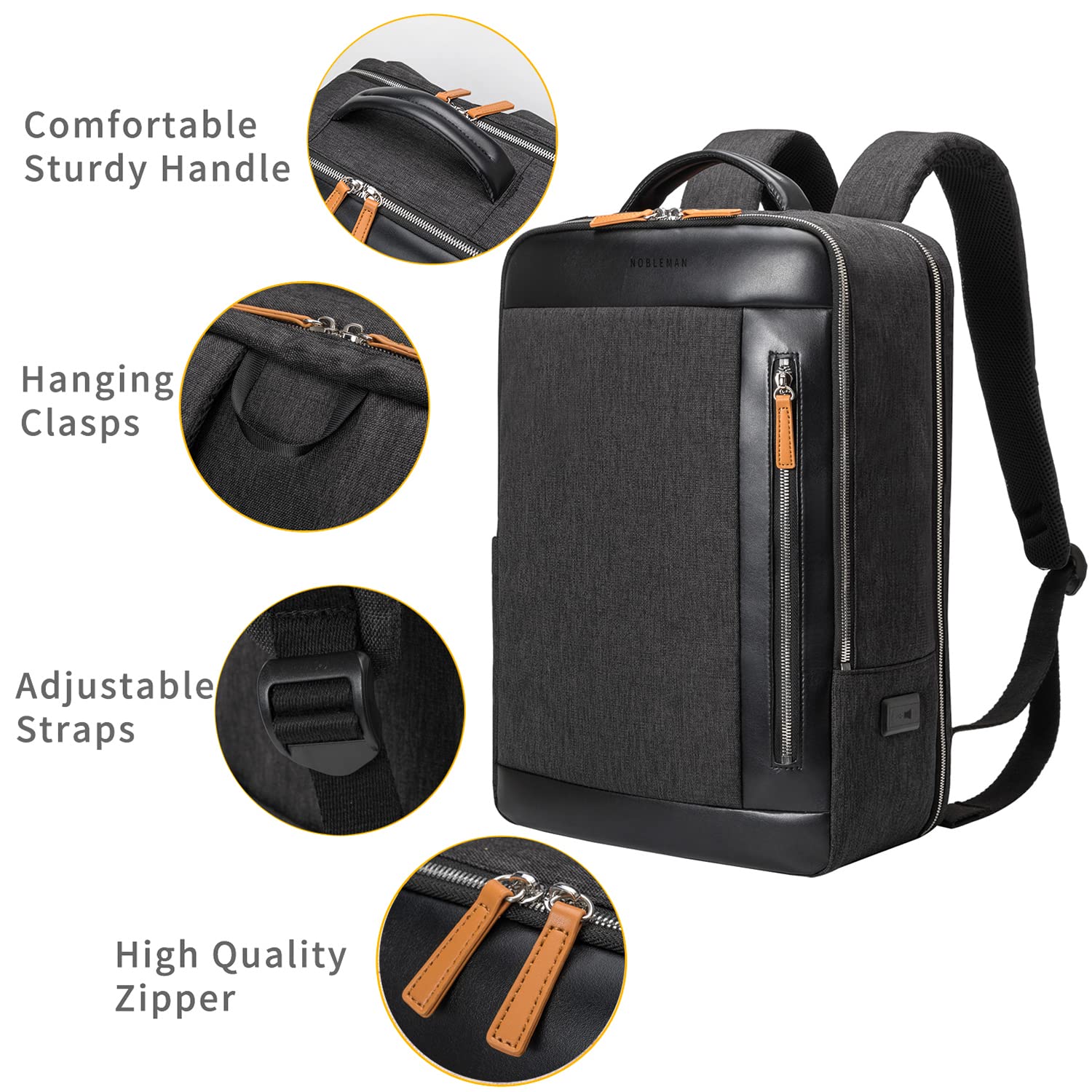 NOBLEMAN Professional Luxury Expandable Leather Laptop Backpack for Men, Waterproof Business Travel Office Backpack Fits 17 Inch Tech Laptop, Perfect for Executive, College, and Daily Commute (Black)