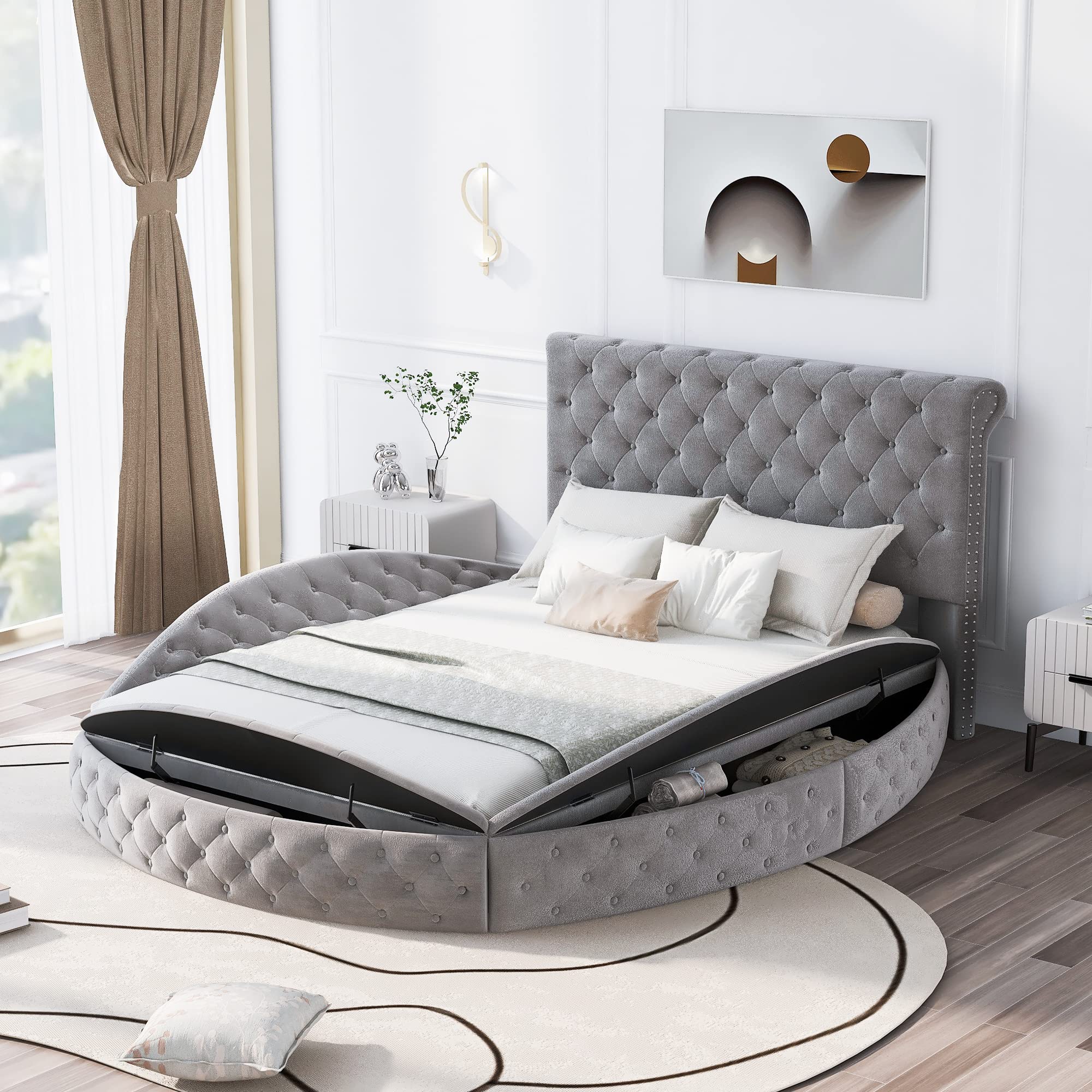 KLMM Queen Size Velvet Upholstered Platform Bed with Storage - Round Shape Low Profile Bed Frame with Footboard & Side Storage, No Box Spring Needed, Gray - Perfect for Small Bedrooms & Modern Apartments