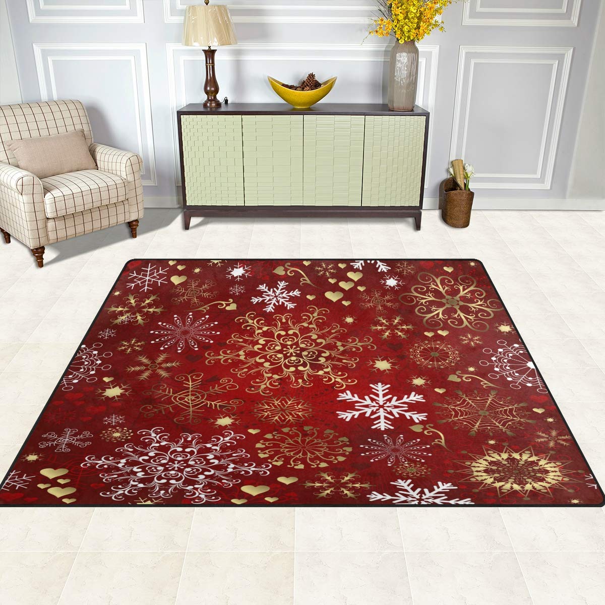 ALAZA Christmas Red Gold White Snowflake Winter Area Rug 5'3
