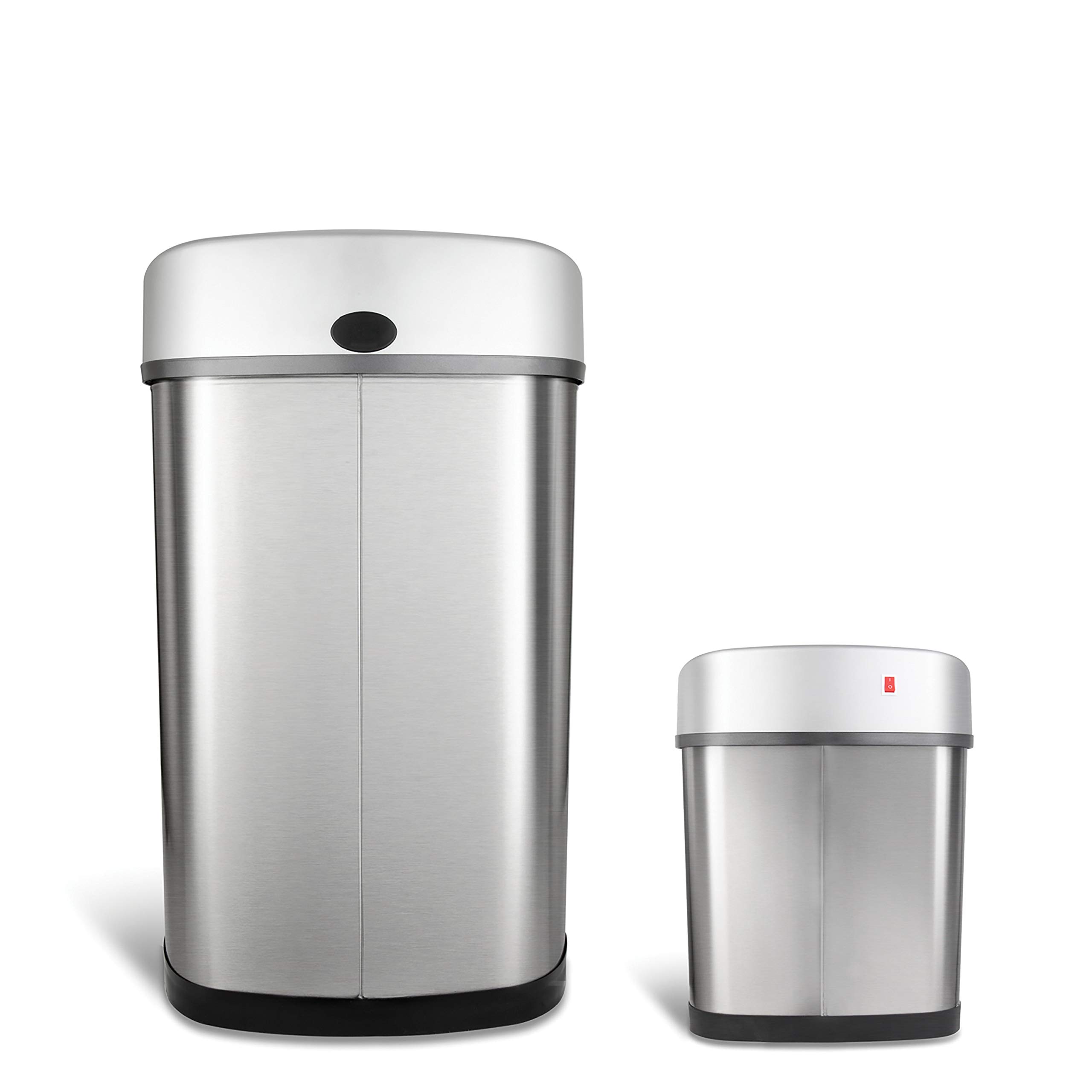NINESTARS Automatic Touchless Infrared Motion Sensor Trash Can Combo Set - 13 Gal (50L) & 3 Gal (12L) Stainless Steel Base, Oval Design with Silver/Black Lid - Perfect for Kitchen, Bathroom, Office & Home Use