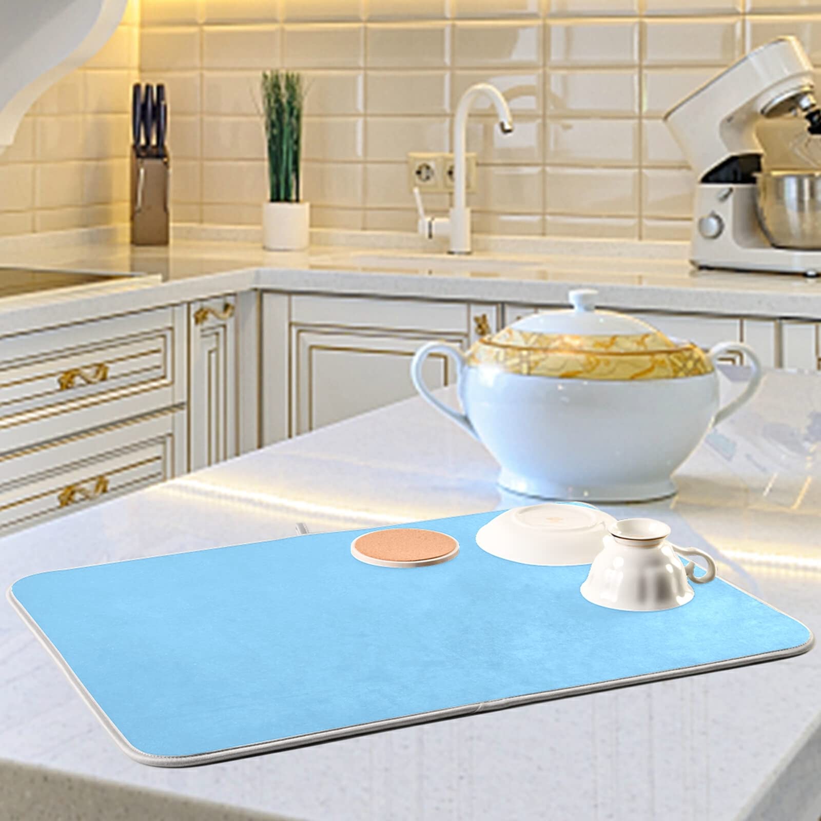 Light Blue XL Dish Drying Mat - 16x18 Inch Microfiber Kitchen Counter Mat, Heat Resistant Dish Drainer Pad for Dishes & Utensils | Perfect for Kitchen Countertops, Sink Areas & Dish Rack Organization