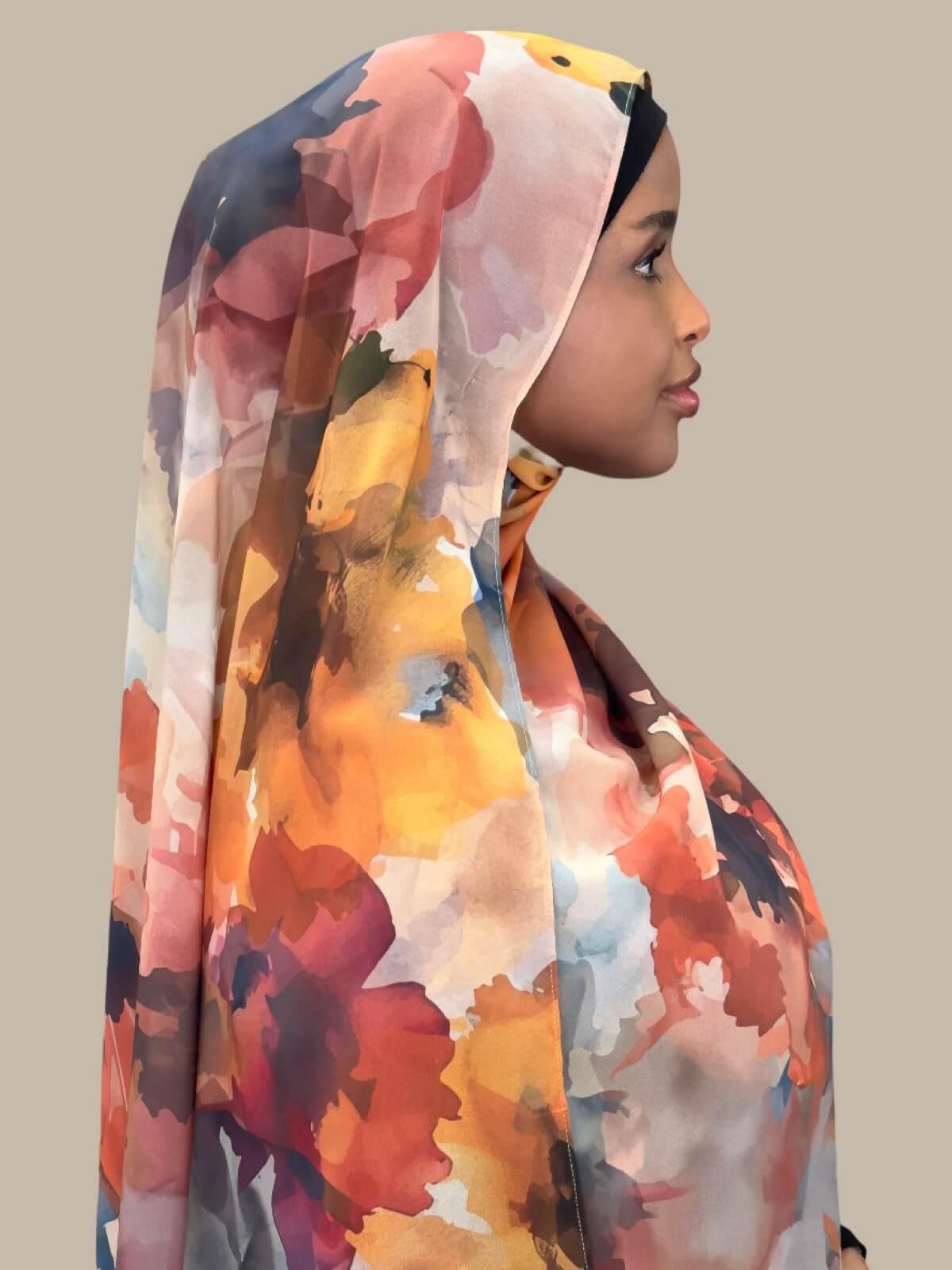 Printed Chiffon Hijab Sienna Petals - Lightweight Muslim Scarf for Women - Perfect for Prayer, Modest Fashion, and Everyday Wear