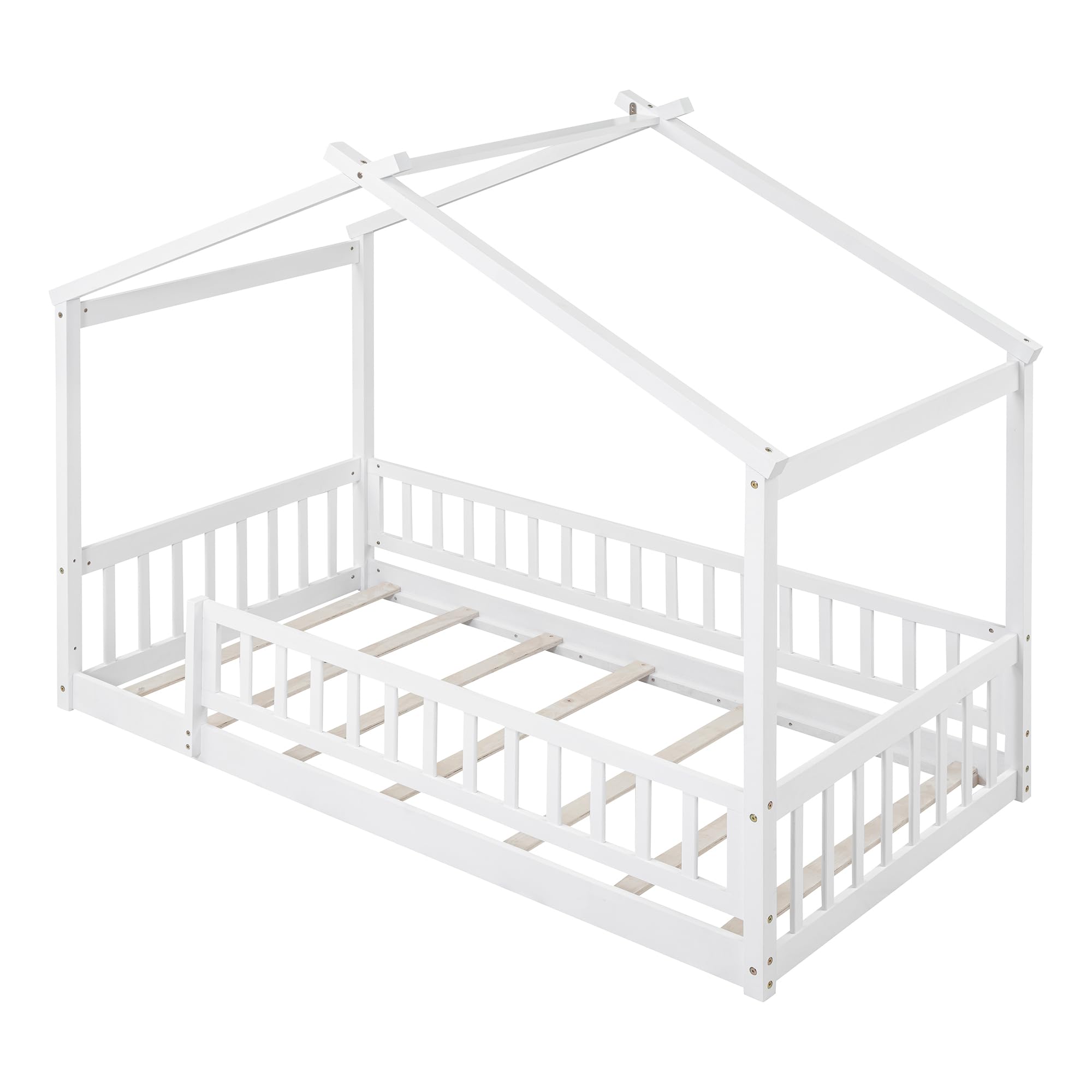 Merax Twin Size Wooden House Bed with Fence - Sturdy Wood Bed Frame with Roof & Safety Guardrail for Kids, Teens, Boys or Girls (White) - Perfect for Nursery, Bedroom, Playroom & Kids' Room Decor