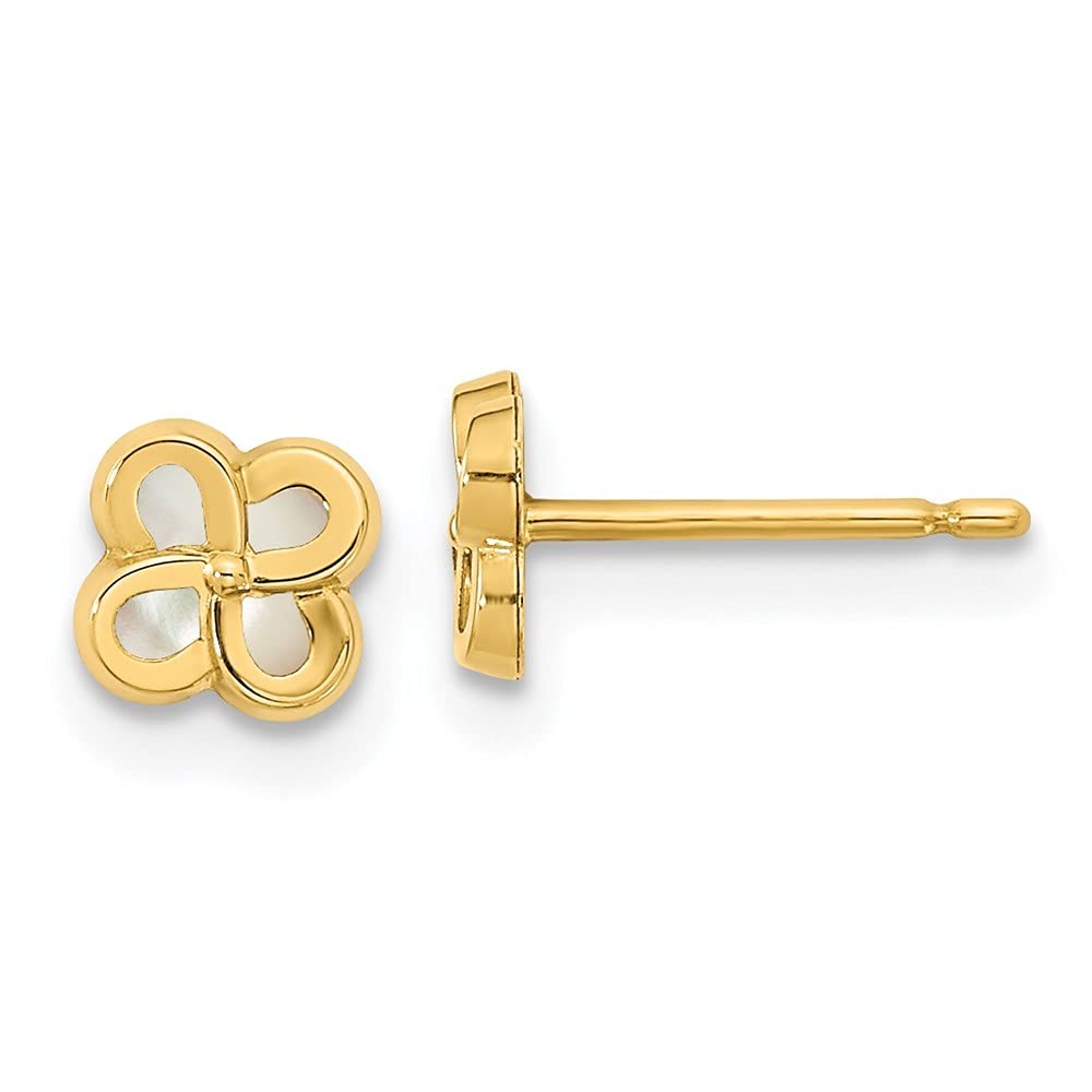 14K Gold Polished Clover Mother of Pearl Post Earrings - 5x5mm Elegant Stud Earrings for Women | Perfect Gift for Birthday, Anniversary & Everyday Wear