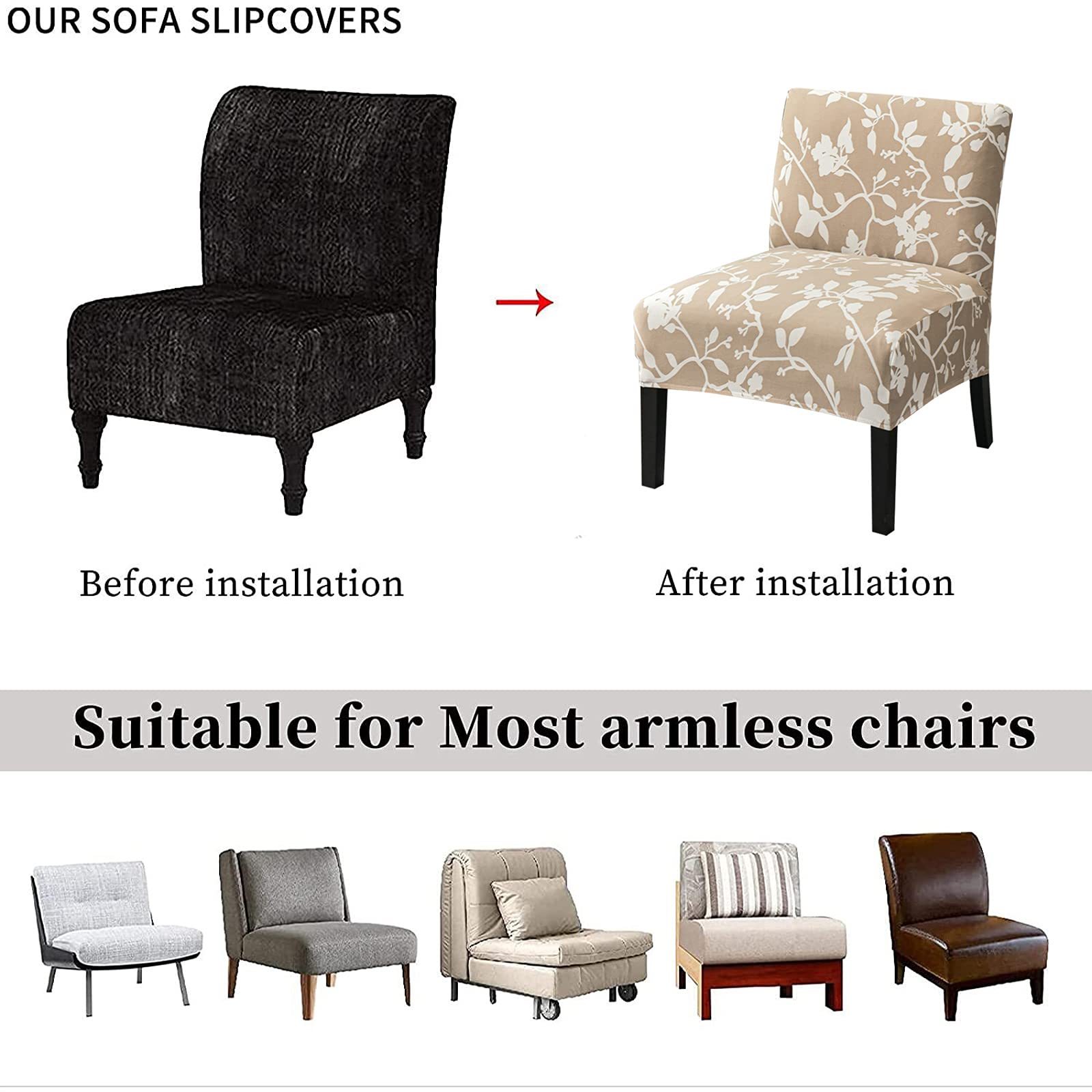 Eco-Ancheng Washable Removable Armless Chair Slipcover - Printed Accent Furniture Protector for Living Room, Dining Room, Hotel (Perfect for Home Decor, Guest Seating & Commercial Spaces)