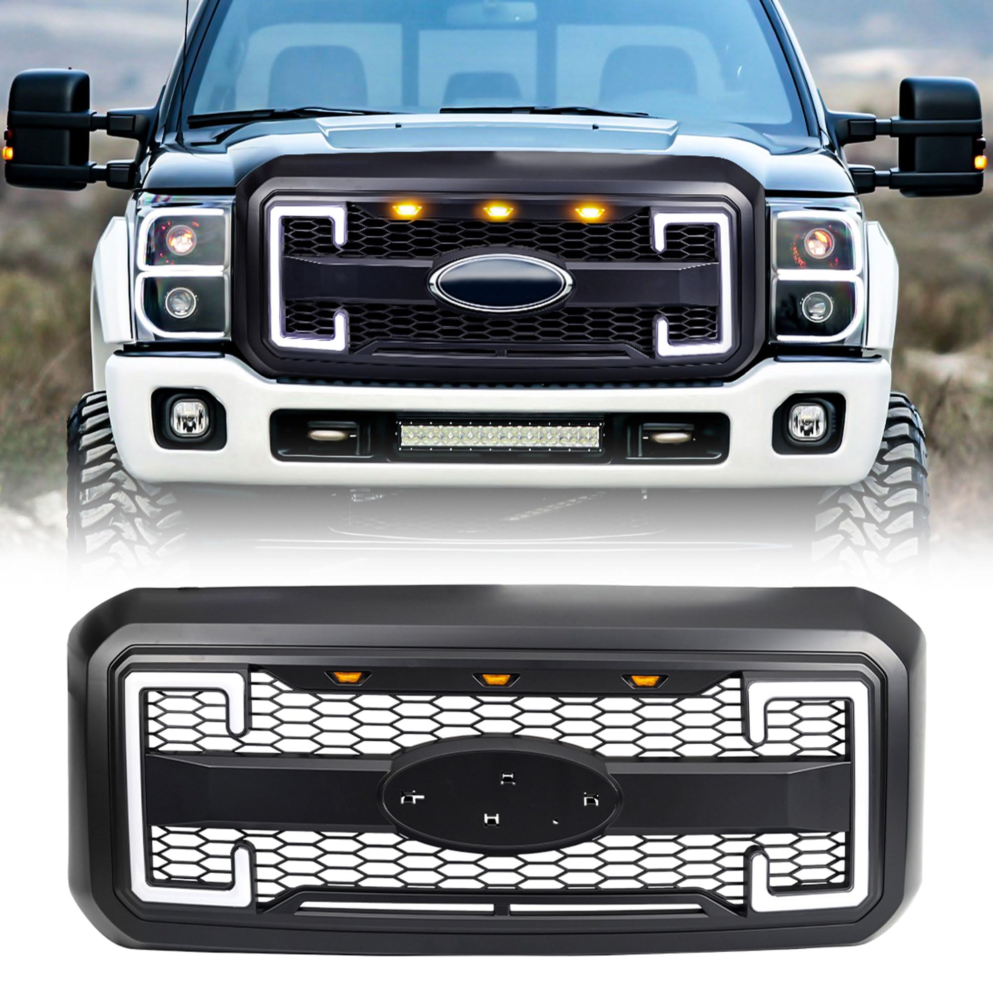 **2011-2016 Ford F250 F350 F450 F550 Matte Black Raptor Front Grille with DRL & Turn Signal Lights | Heavy-Duty Truck Upgrade | Off-Road & Street Style Enhancement**