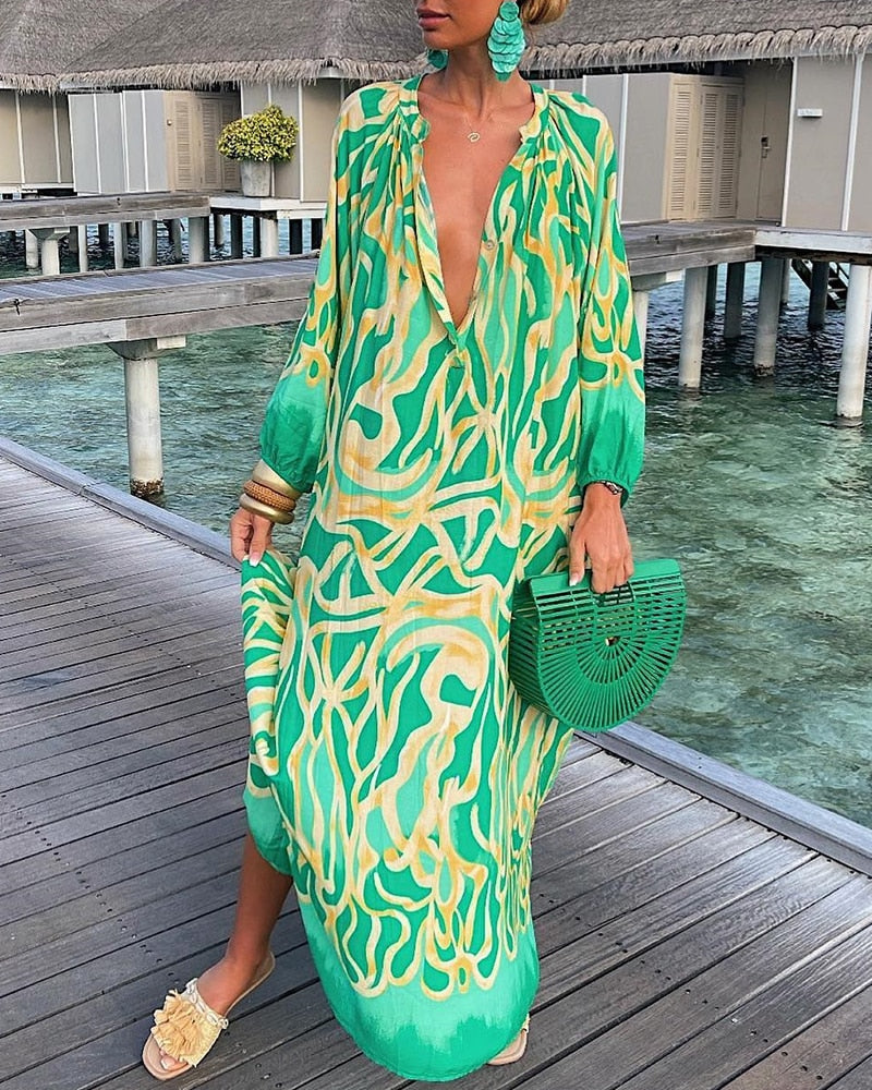 Lovevop Women's Sexy Casual Long Sleeve Maxi Dress - Abstract Print Round Neck Lantern Sleeve Loose Shirt Dress for Fall/Winter | Perfect for Date Night, Party, Office Wear & Holiday Outfits