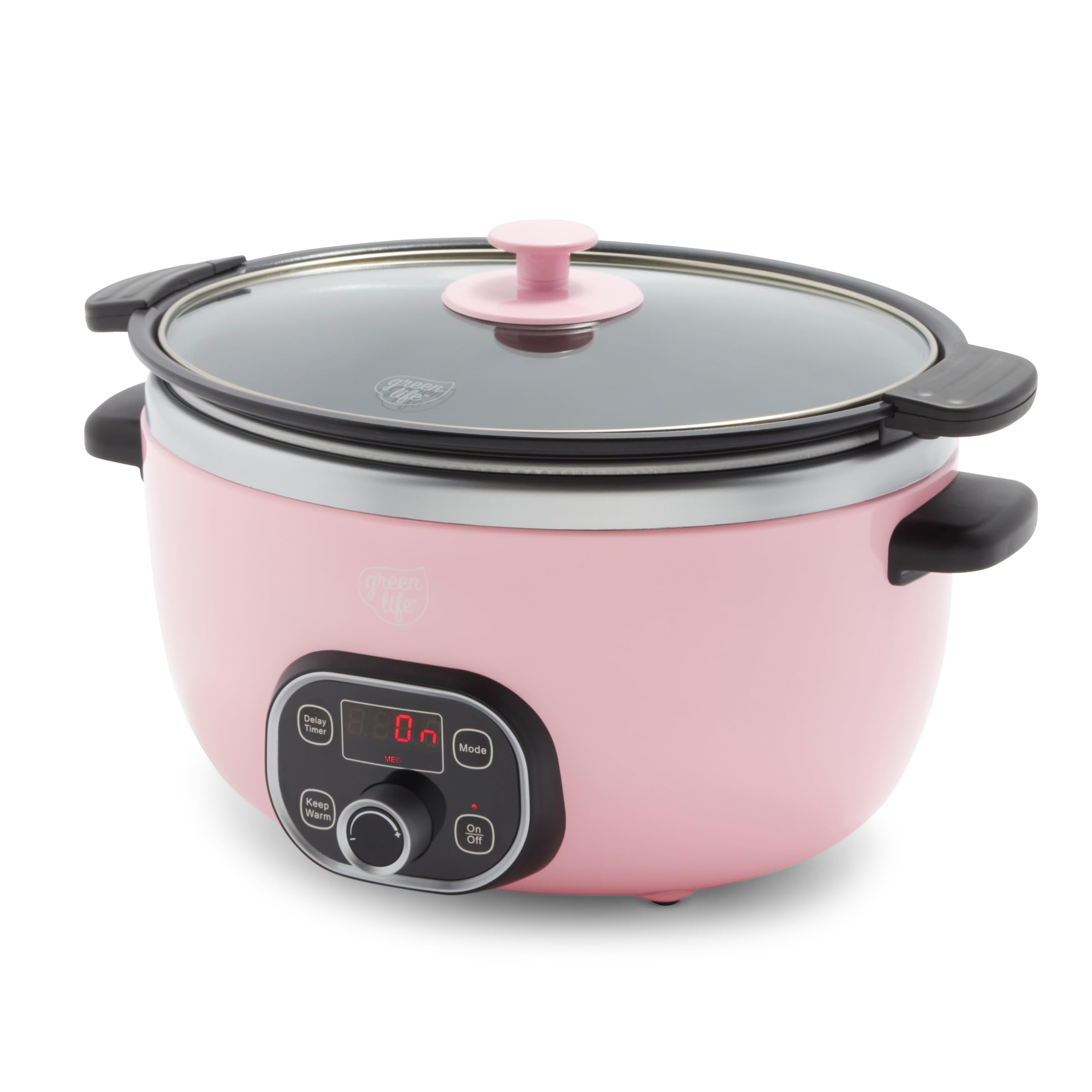 GreenLife 6 Quart Ceramic Slow Cooker | PFAS-Free Programmable Crock Pot with Removable Nonstick Pot & Digital Timer | Stovetop Safe, Dishwasher Safe Glass Lid | Perfect for Family Dinners, Meal Prep & Holiday Cooking (Pink)