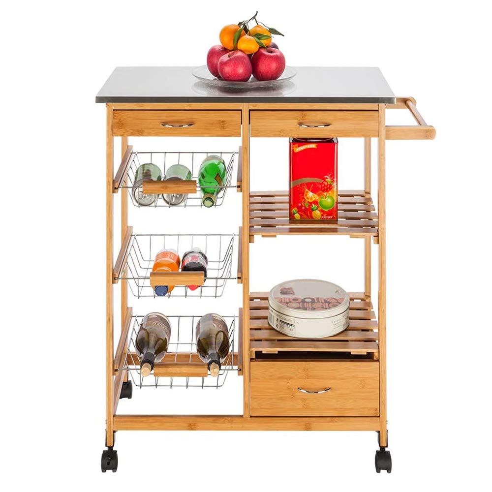 Stainless Steel Rolling Kitchen Island Cart with 3 Drawers & 3 Baskets - Wooden Mobile Serving Cart for Food & Beverages Storage - Perfect for Small Kitchens, Dining Rooms & Buffet Serving (Natural Wood Color)