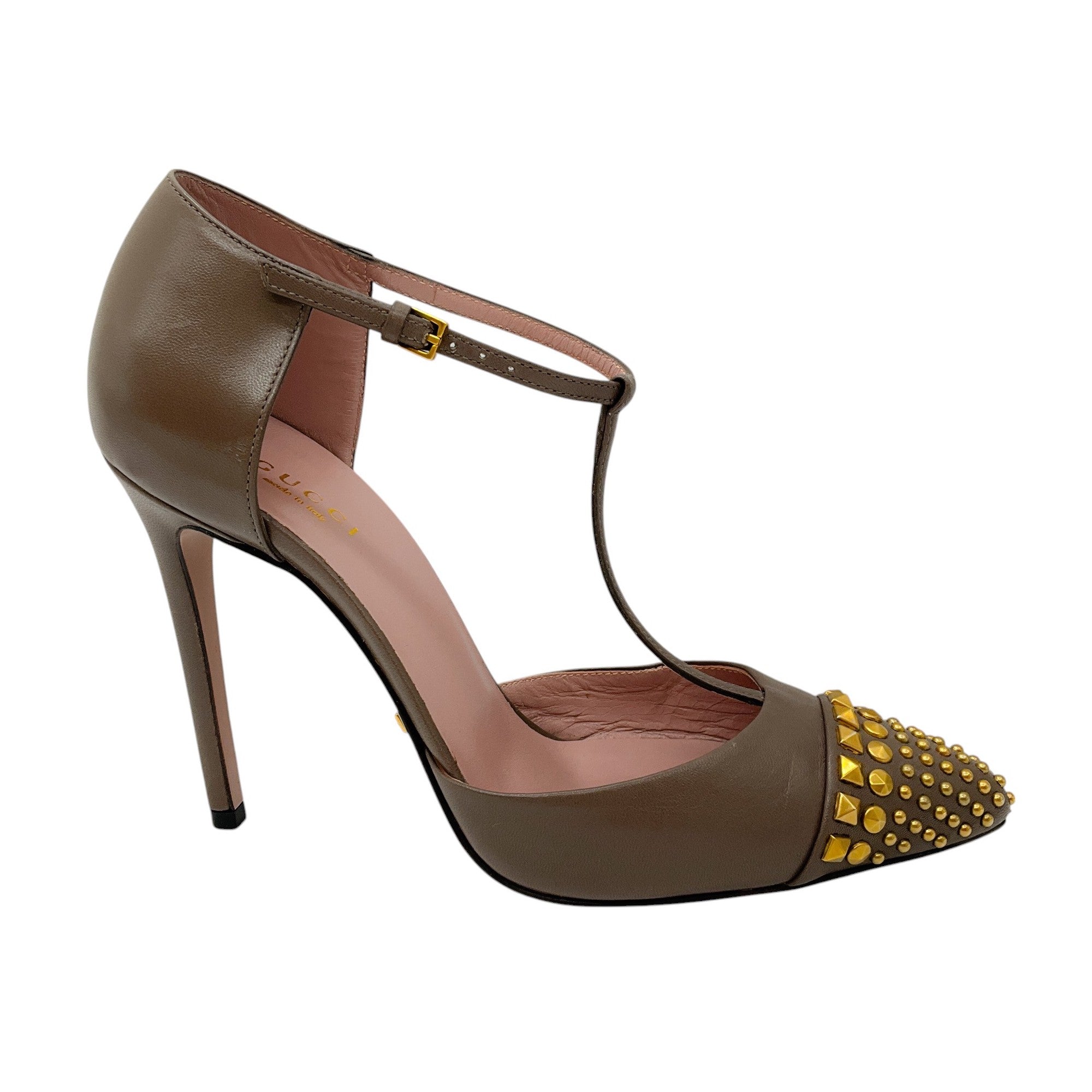 Gucci Taupe & Antiqued Gold Studded T-Strap Leather Pumps - Women's Luxury Heels for Parties, Weddings & Formal Events