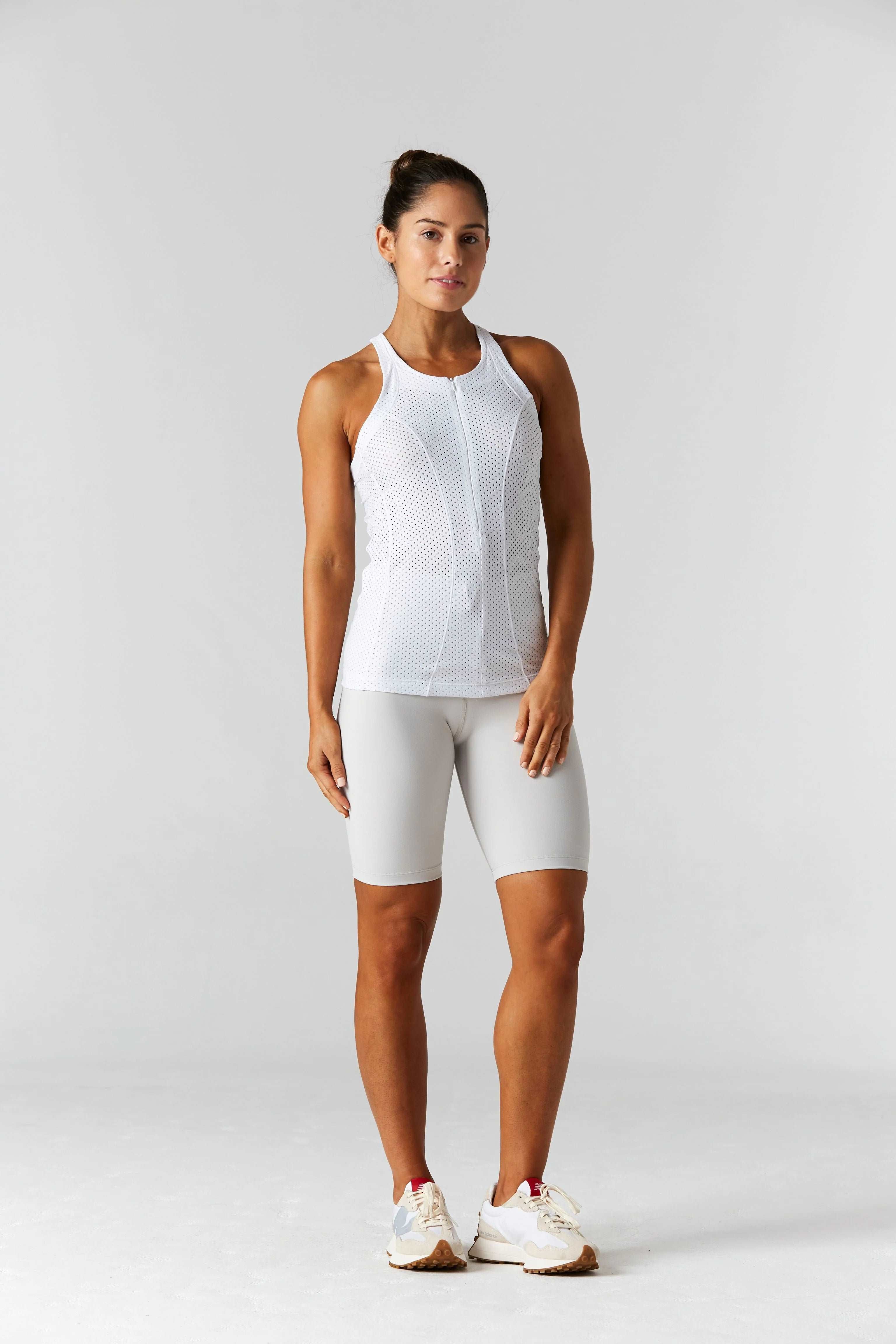 925 Sterling Silver Fit Women's Open Minded Mesh Racerback Zip Front Tank Top - Breathable Workout Top for Yoga, Gym & Running - White