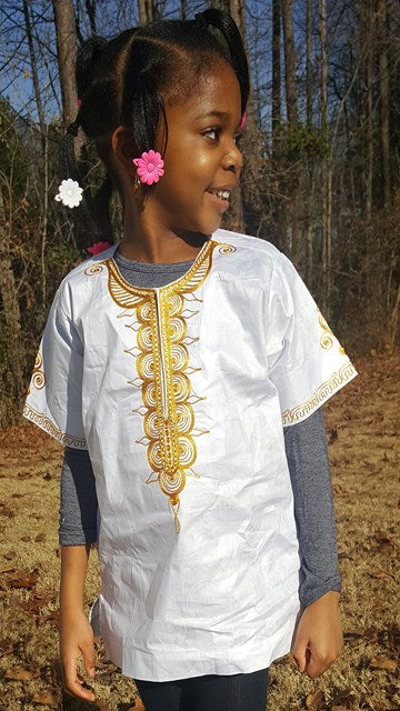 Stylish White Dashiki with Gold Embroidery for Girls & Boys | African Print Shirt | Perfect for Cultural Events, Parties & Family Gatherings | DPCS0021D
