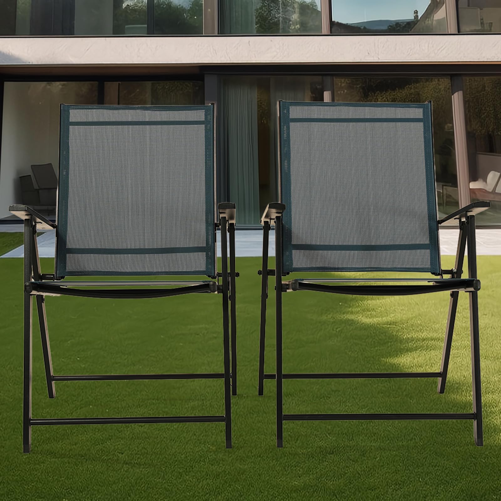 2 Pack Folding Patio Chairs - Heavy Duty Rustproof Metal Frame Outdoor Dining Chairs for Porch, Deck, Garden, Backyard & Camping (Dark Blue) - Perfect for BBQs, Picnics and Outdoor Relaxation