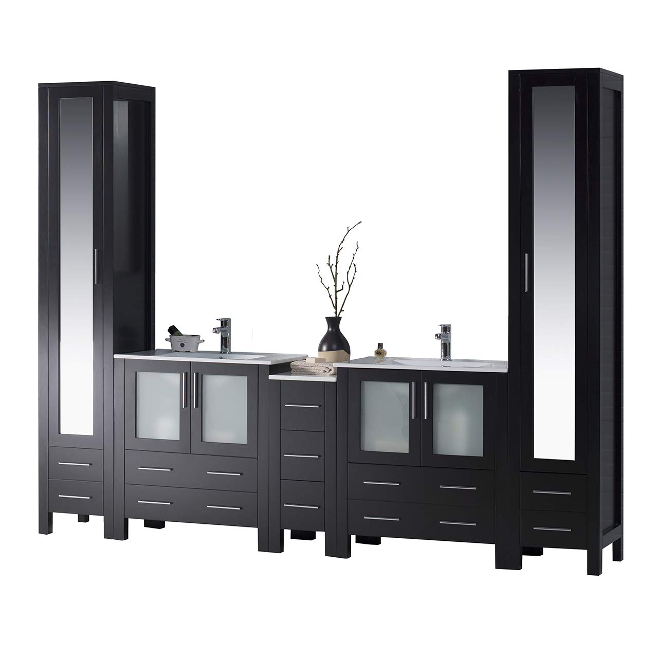 102-Inch Espresso Wood Double Ceramic Sink Bathroom Vanity with Side Cabinet & Mirrors - Modern Bathroom Storage Solution for Master Bath or Guest Bath Remodel