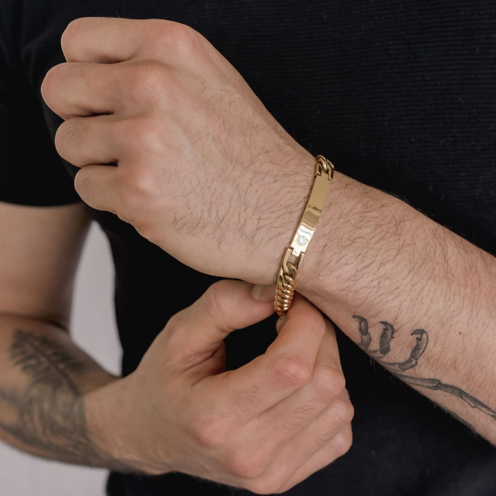 14K Yellow Gold Plated Sterling Silver Men's Diamond Bracelet - 5mm Link ID Chain, 8