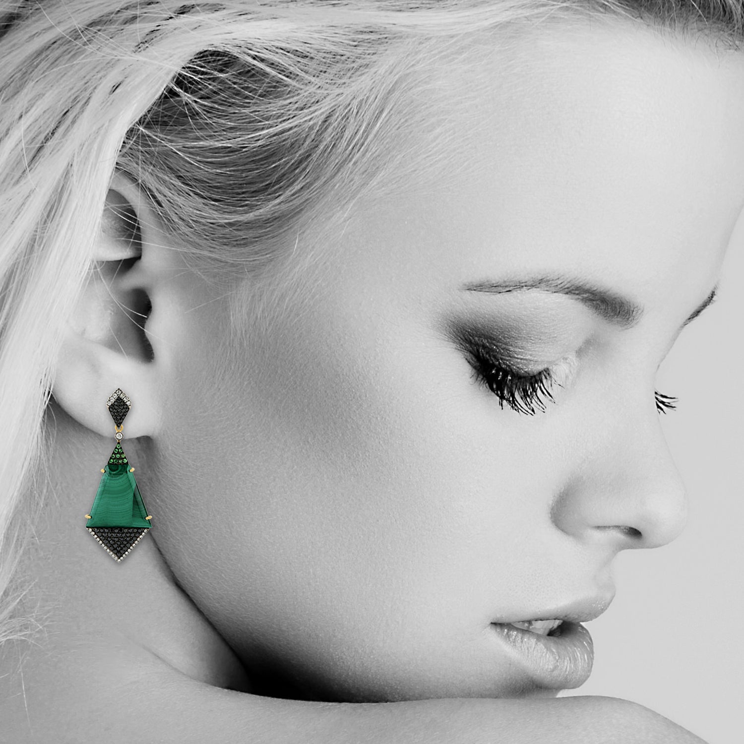 Exquisite Malachite & Tsavorite Pave Dangle Earrings with Black & White Diamonds in Gold - Perfect for Evening Parties, Weddings & Special Occasions