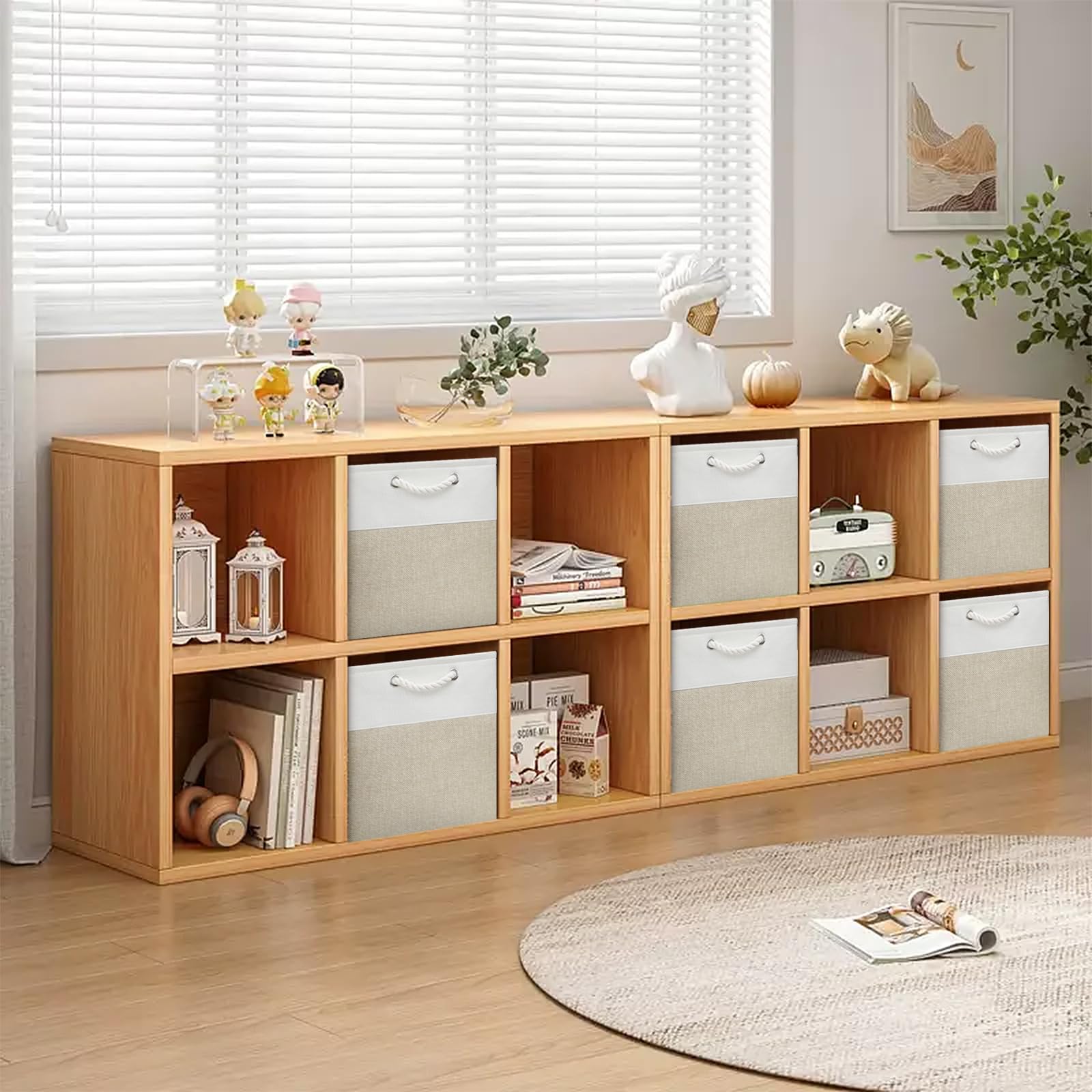 Posprica 13x13 Inch Collapsible Fabric Storage Cubes with Cotton Rope Handles - Set of 4 Decorative Organizer Bins for Closet, Shelves, Nursery & Toy Storage (White/Coffee) | Perfect for Home Organization & Kids Room Decor