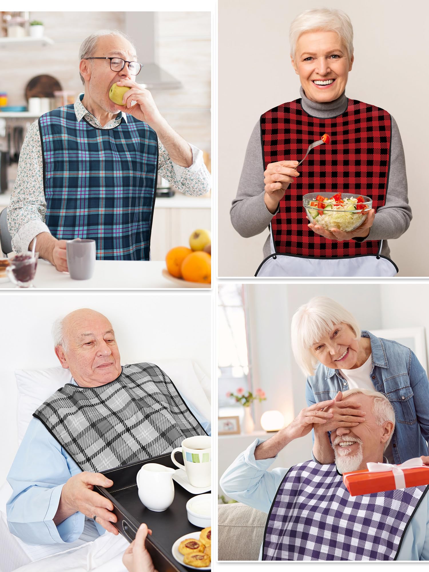 10 Pack Reusable Washable Waterproof Adult Bibs with Crumb Catcher - Large Eating Bibs for Men, Women & Elderly - Assorted Plaid Patterns - Perfect for Dining, Nursing Homes & Mealtime Protection