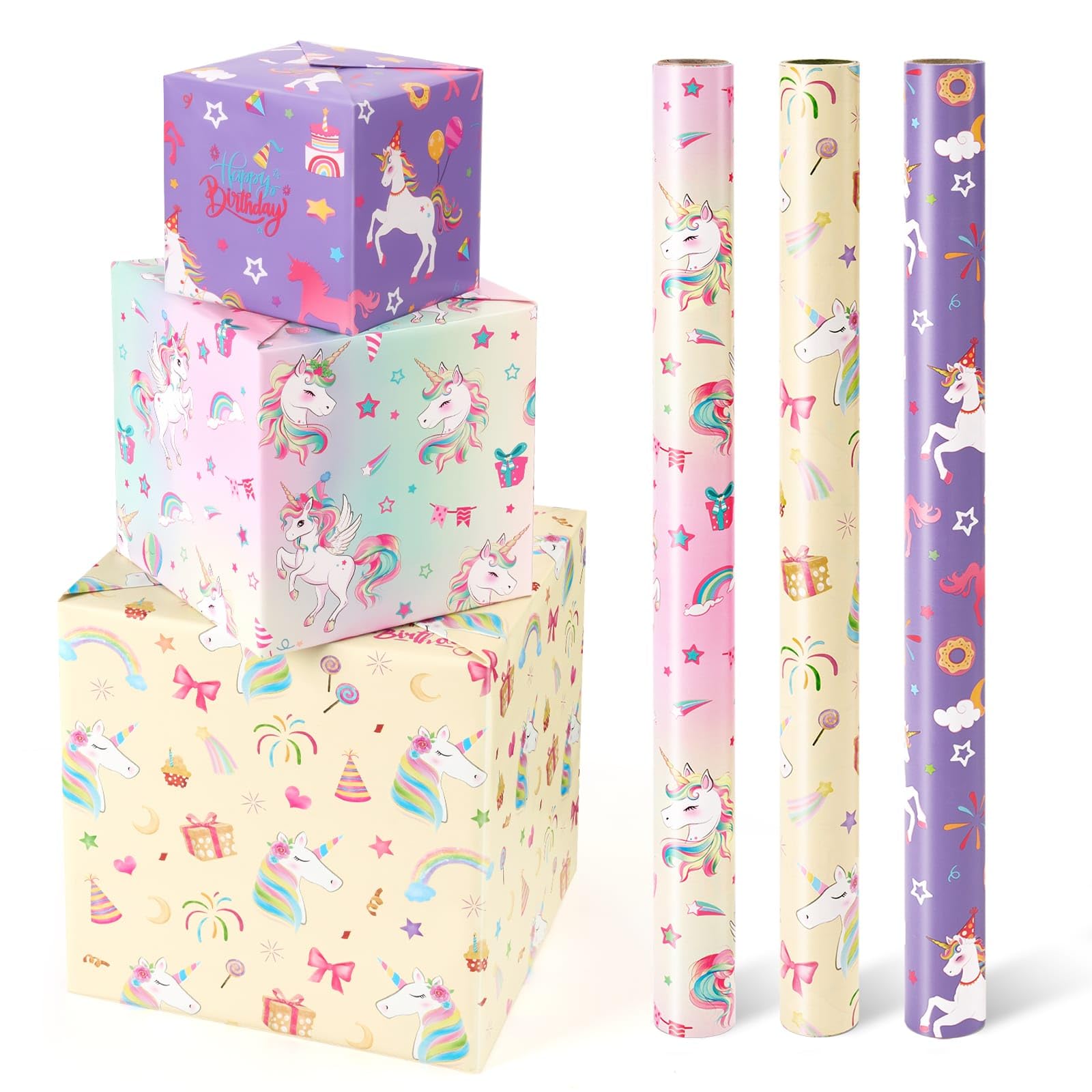 WERNNSAI Unicorn Wrapping Paper Rolls - 3 Rolls 17” x 120” Pink & Purple Rainbow Gift Wrap for Birthday, Christmas, Baby Shower | Easy-Cut Lines | Perfect for Girls' Gifts, Kids Party Favors, and Festive Present Wrapping