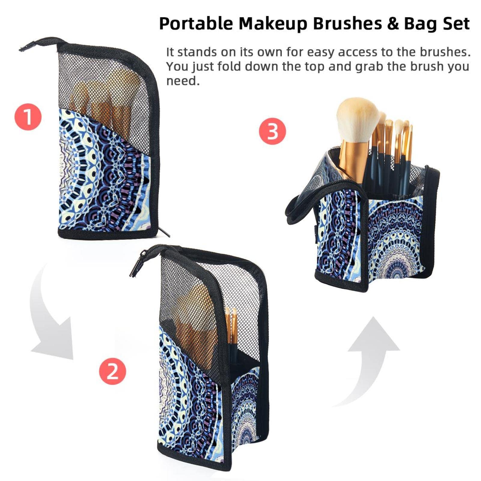 12-Piece Makeup Brush Organizer Bag with Classic Ethnic Mandala Design - Portable Cosmetic Brush Holder Case for Travel & Home Storage | Perfect for Makeup Artists & Beauty Enthusiasts